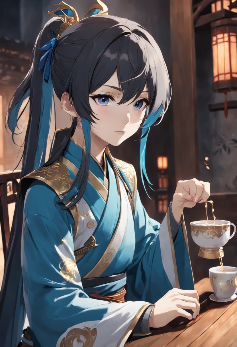 Close-up of a person sitting at a table with a cup, heise jinyao, zhao yun, xianxia hero, Inspired by Seki Dosheng, zhongli from genshin impact, inspired by Yang Jin, inspired by Wuzhun Shifan, Inspired by Zhao Yuan, Handsome, inspired by Zhao Mengfu
