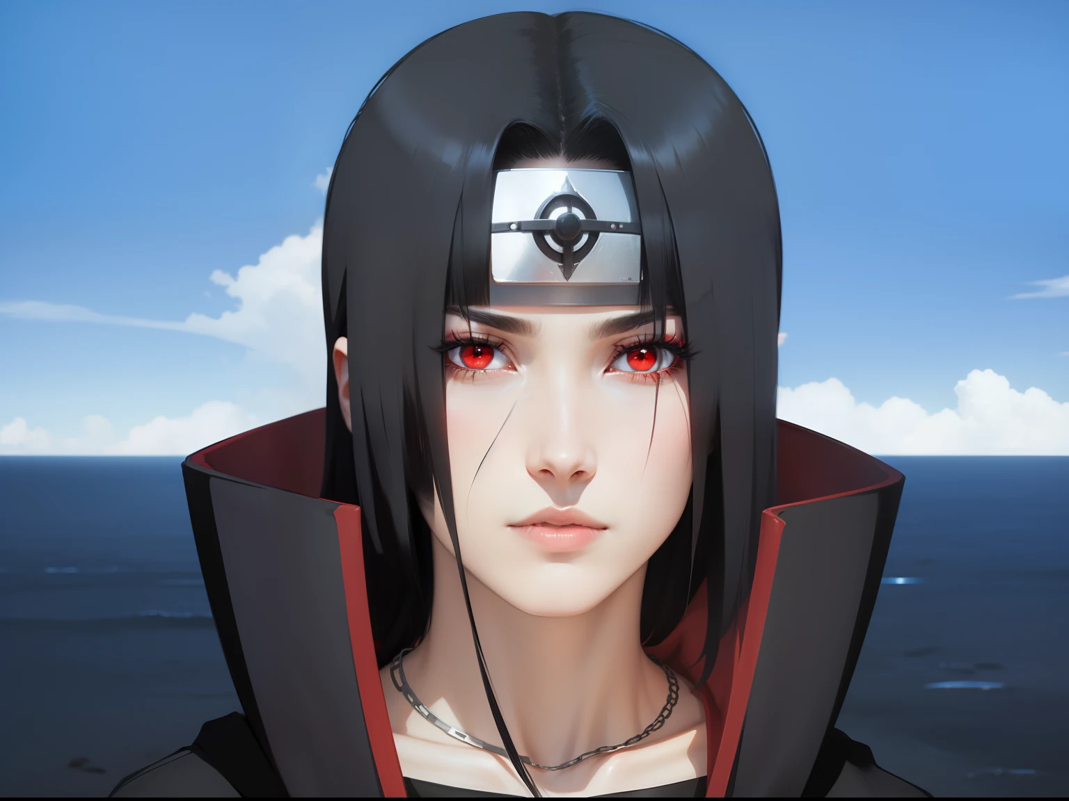 "Black hair, red eyes."