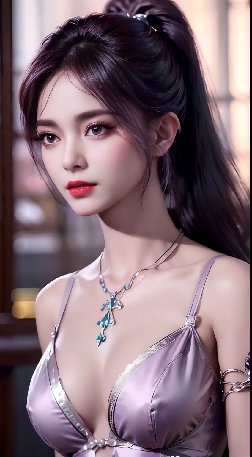 1 beautiful girl in Han costume, thin purple silk shirt with white color with many textures, white lace top, long platinum purple ponytail, Hair Jewelry, ear jewelry, necklace and necklace, meticulously drawn large purple eyes, meticulous makeup, Thin eyebrows, High Nose, lovely red lips, not smiling, pursed lips, rosy cheeks, wide breasts, Big breasts , well-proportioned bust, Slim waist, purple mesh socks, chinese hanfu style, fictitious art textures, vivid and realistic colors, RAW Photos, Realistic Photos, ultra high quality 8k surreal photos, (effective fantasy light effect: 1.8), 10x pixel, magical effect (Background): 1.8), ultradetailed eyes, girl body portrait, ancient hanfu background,