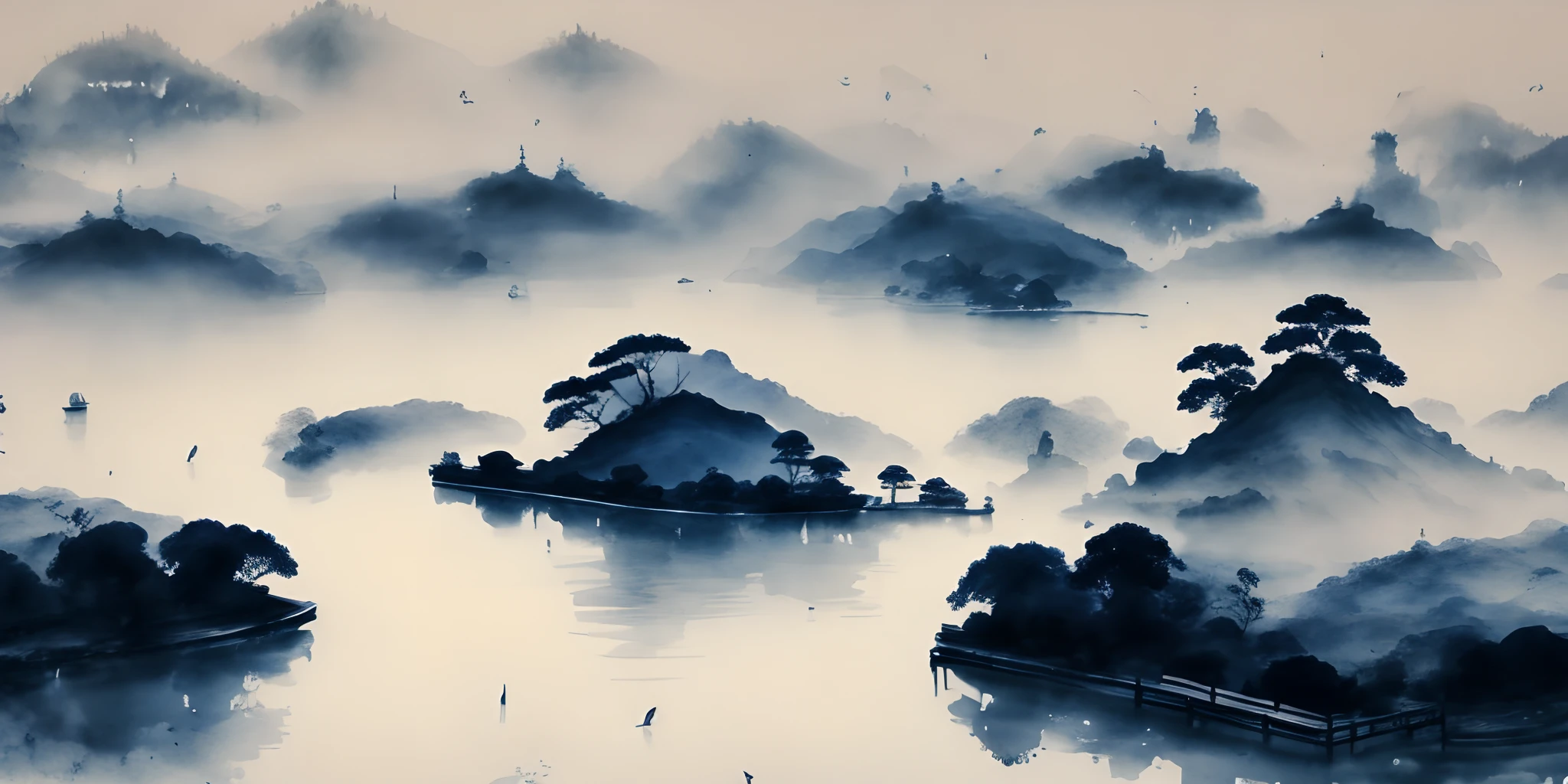 white backgrounid，Deep indigo，scenecy， ink， mont， Eau， the trees，lakeside，chinse landscape