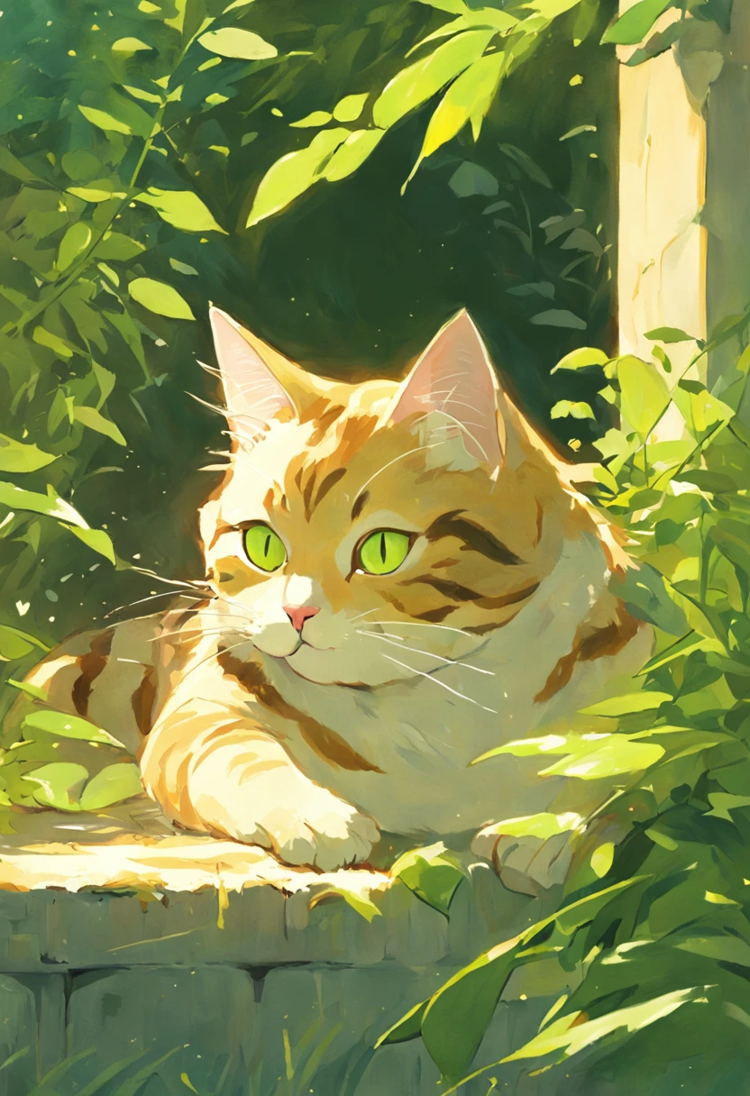 Create a captivating painting of a Tabby cat with green-yellow eyes, lying in a comfortable box with its head playfully poking out. The cat should have a lazy and content expression, capturing its relaxed demeanor. Set the scene in a sunny garden with dappled sunlight filtering through the leaves. Highlight the interplay of light and shadow on the cat's fur and surroundings, infusing the scene with warmth and tranquility. The vibrant colors of the flowers and foliage should complement the cat's coat. Pay attention to intricate details such as the texture of the fur and the curious glint in the cat's eyes. The overall composition should evoke a sense of leisure and serenity, celebrating the simple joy of a cat enjoying a sun-soaked day in the sunny garden