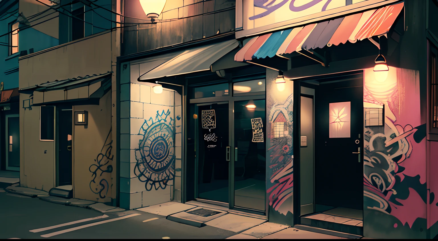 the night，There is a sense of atmosphere，wide high angle view，detail-rich，The quality is clear，The light and shadow are reasonable，In front of the tattoo parlor，glass door，Graffiti on the door，There is a lamp next to the door，