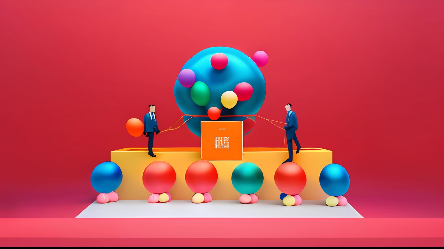 On stage，Hermès opening ceremony to release balloons，Guests on both sides of the box pull the rope，The lid of the box opens，Balloons fly out。Groundburst balls line up in front of the stage，Start at the same time。 3 D 插图, Colorful illustration, photorender
