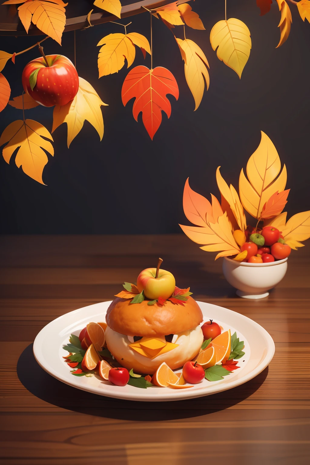 3D illustration, Fried in a plate on a table among apples, cute front cover with a cute cartoon cheerful colorful turkey with big turkey feathers, luxurious tail feathers, autumn colorful leaves
