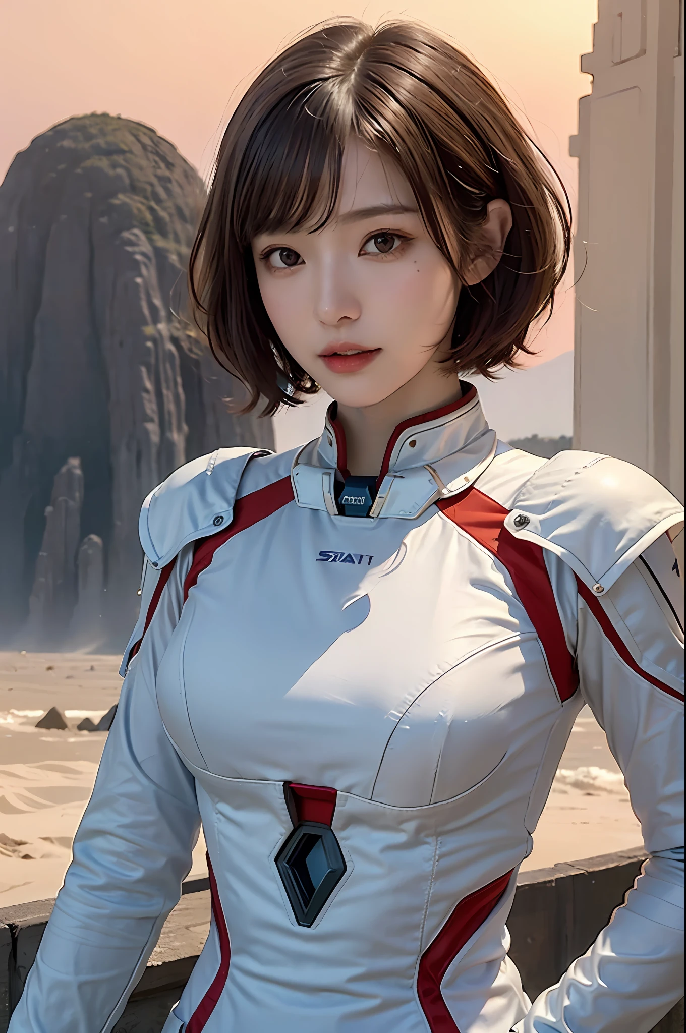 top-quality、masterpiece、超A high resolution、(realisitic:1.4)、1femele、Beautiful detail eyes and skin、ssmile、Light brown short-cut hair、Petite bust、The perfect spacesuit、spaceships、Desolate and mysterious planet、Red sky、UFOs flying in the sky、Mysterious Giant Ruins、in isekai、