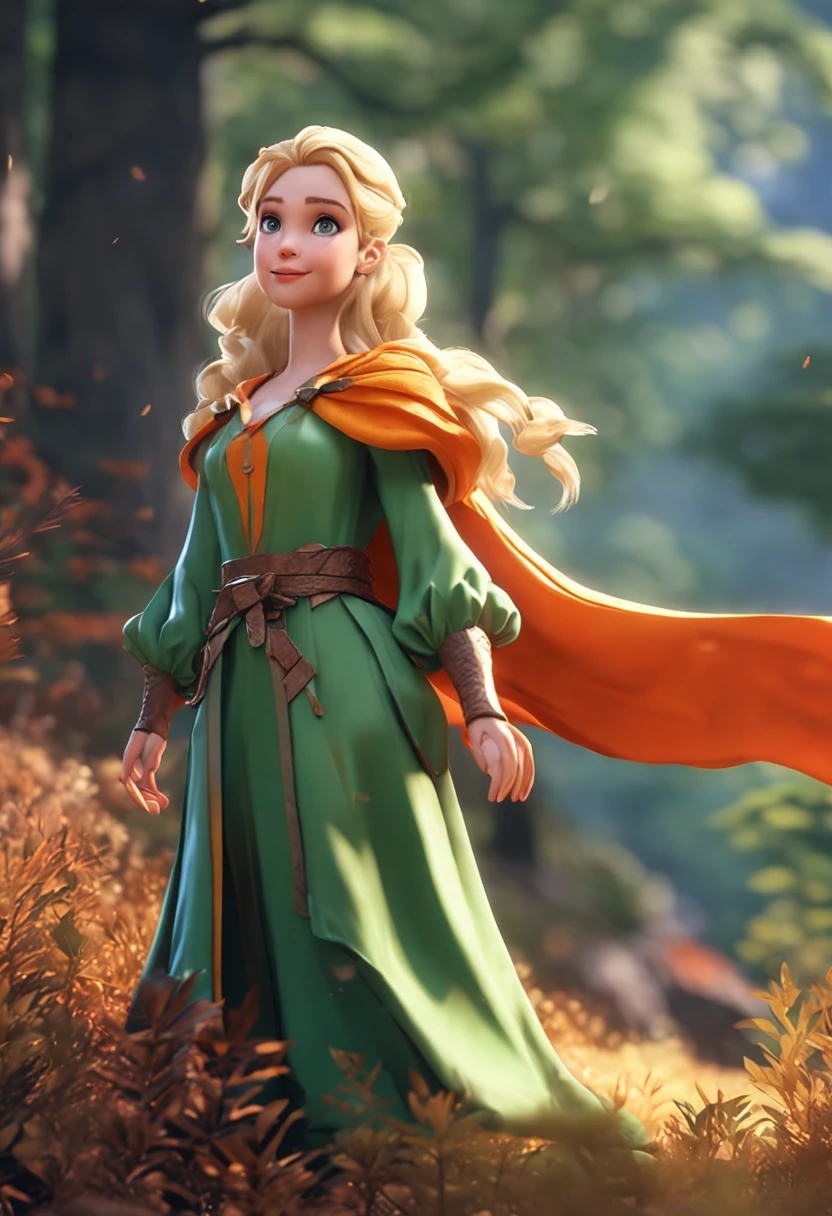 Only one person in the center of the photo, a smile, Hands invisible pose, One beautiful white woman with blonde hair in one ultra realistic beauty paint、Wearing a green dress and orange cape、Braid Hairstyles、 Fantasy background in the forest,Realistic anime 3D style like Bianca from Dragon Quest V。