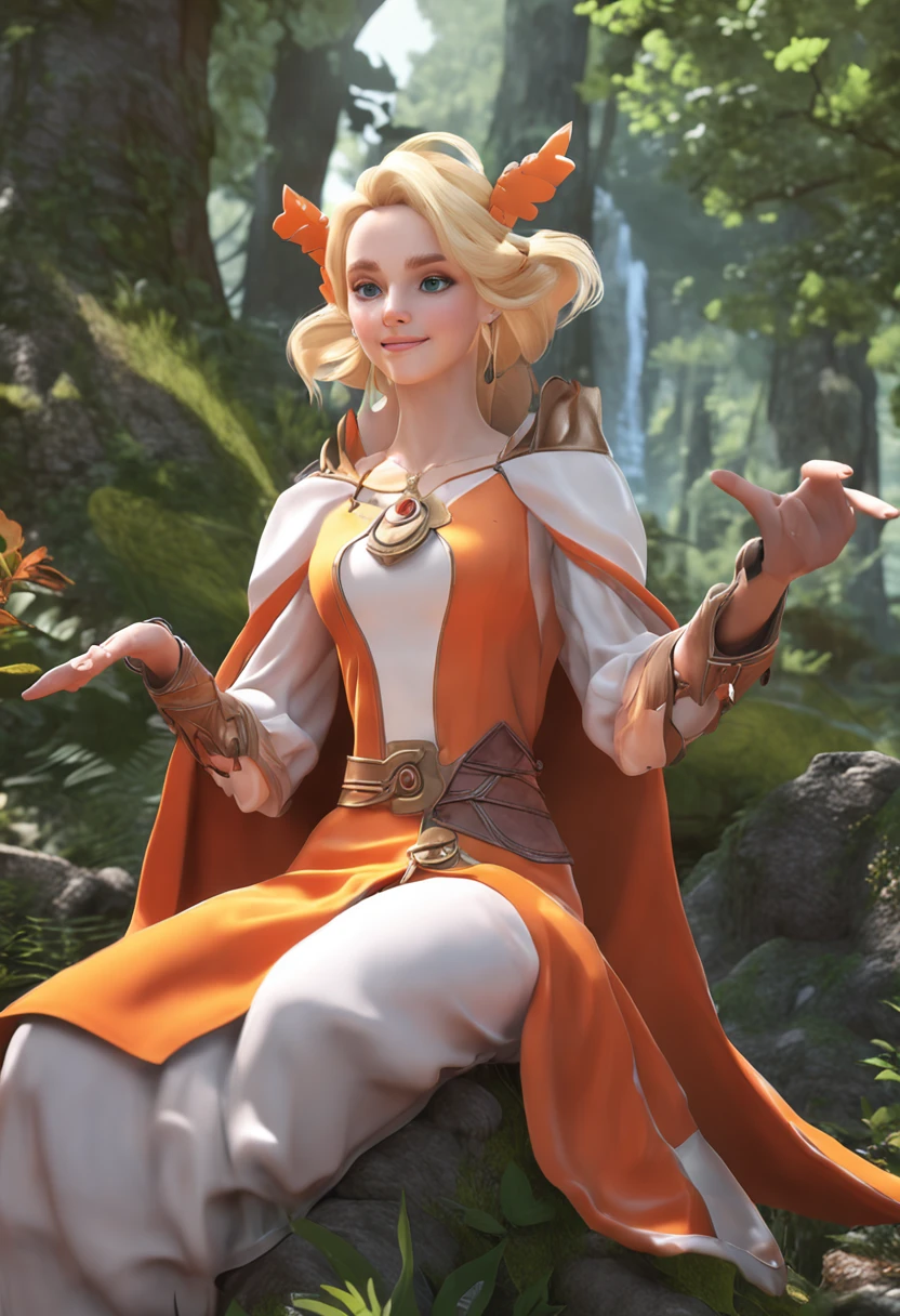 Only one person in the center of the photo, a smile, Hands invisible pose, One beautiful white woman with blonde hair in one ultra realistic beauty paint、Wearing a green dress and orange cape、Braid Hairstyles、 Fantasy background in the forest,Realistic anime 3D style like Bianca from Dragon Quest V。