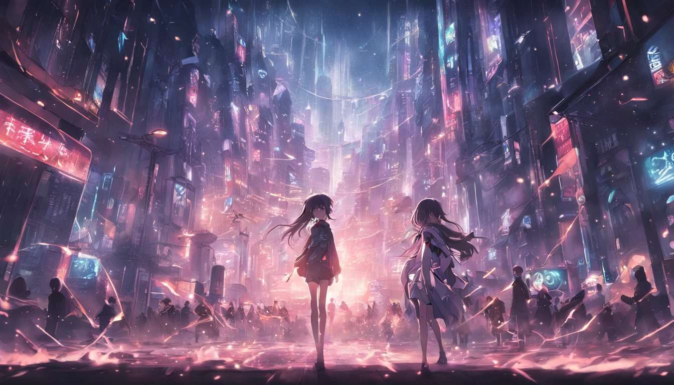cyber punk perssonage, high high quality, dark future, city scenery, Buildings, Mechanical devices, Lens light leakage, Cold light effect