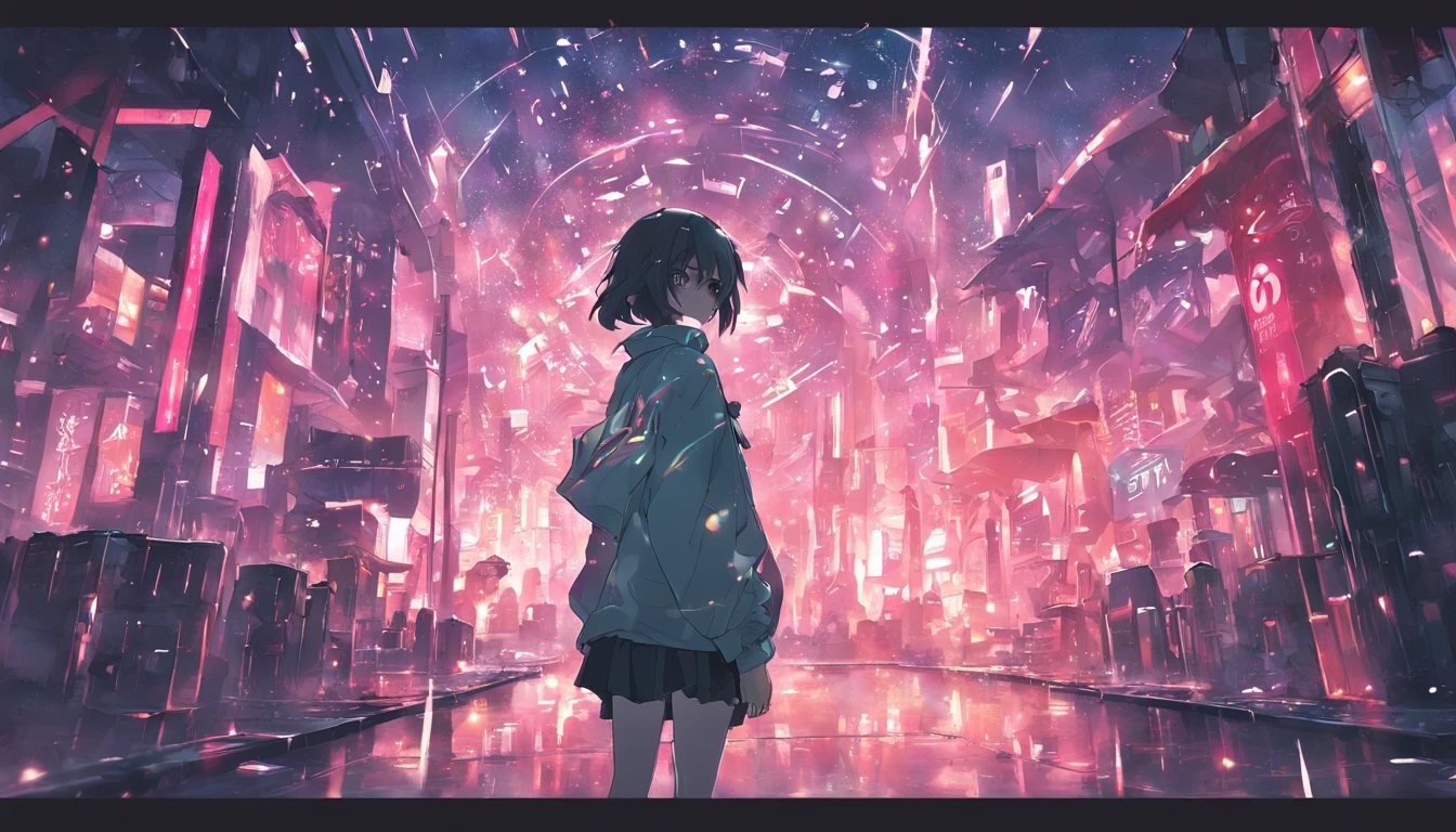 cyber punk perssonage, high high quality, dark future, city scenery, Buildings, Mechanical devices, Lens light leakage, Cold light effect