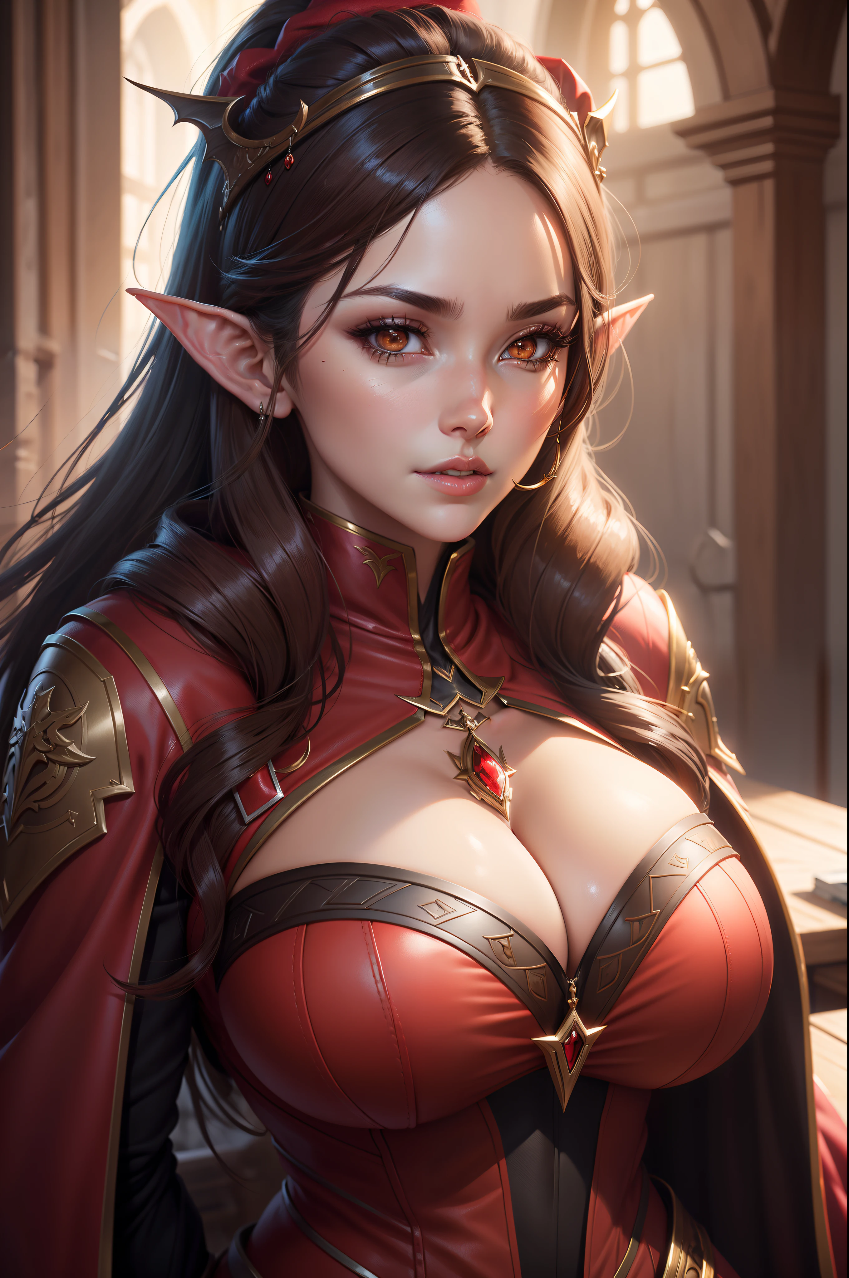 Close up portrait of woman with very big breasts in red jacket, 2. 5 d cgi anime fantasy artwork, portrait of an elf queen, very detailed Artgerm, ArtGerm ; 3d unreal engine, Dark Elf Princess, wlop rossdraws, ig model | ArtGerm, Alexandra Fomina Artstation, a beautiful succubus