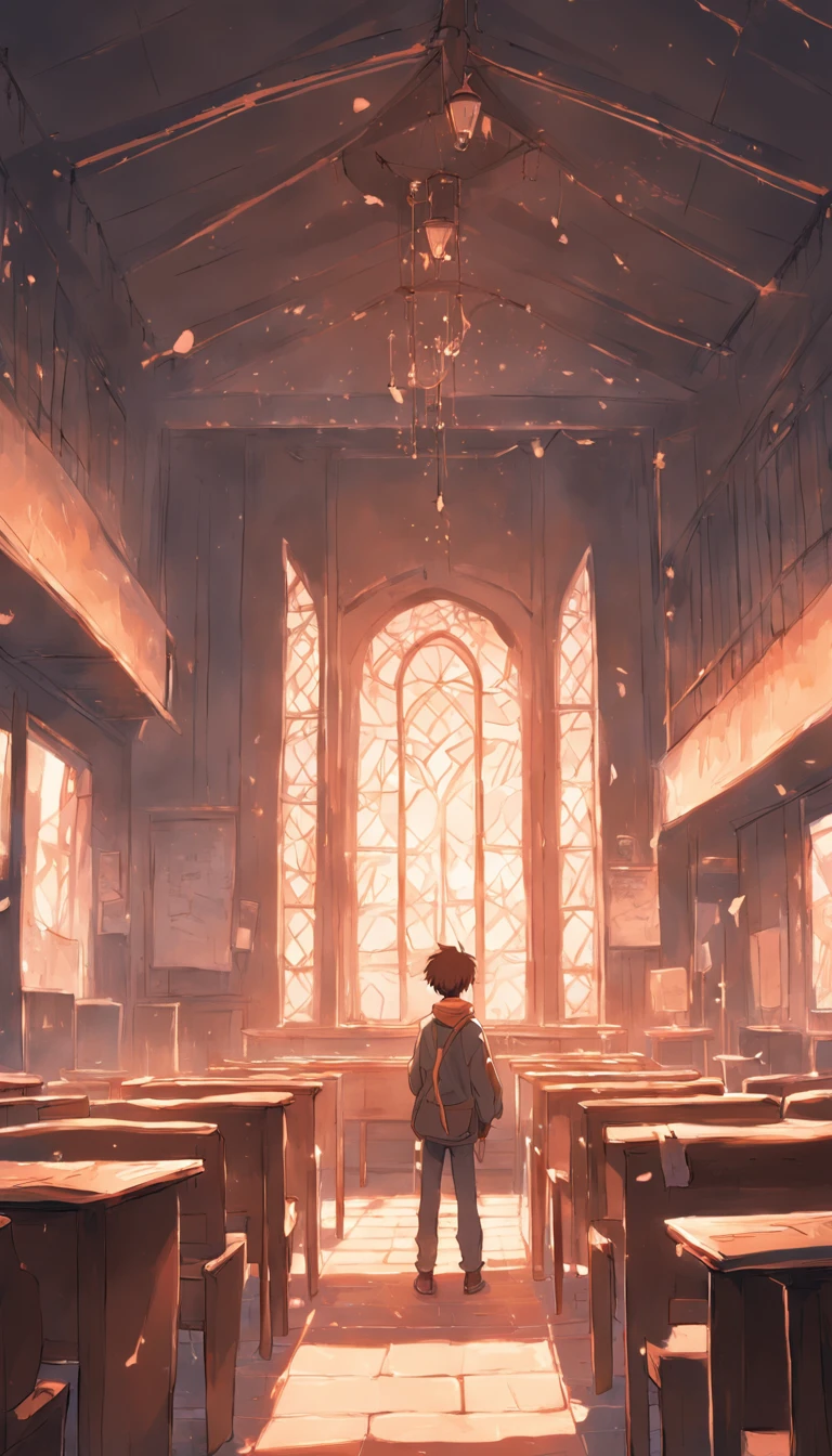 Classroom scene，The dawn is dimly lit，There are two boys，A boy writes homework with a lamp lit in the last row of the classroom，Looking up at another boy who had broken in from the front of the classroom