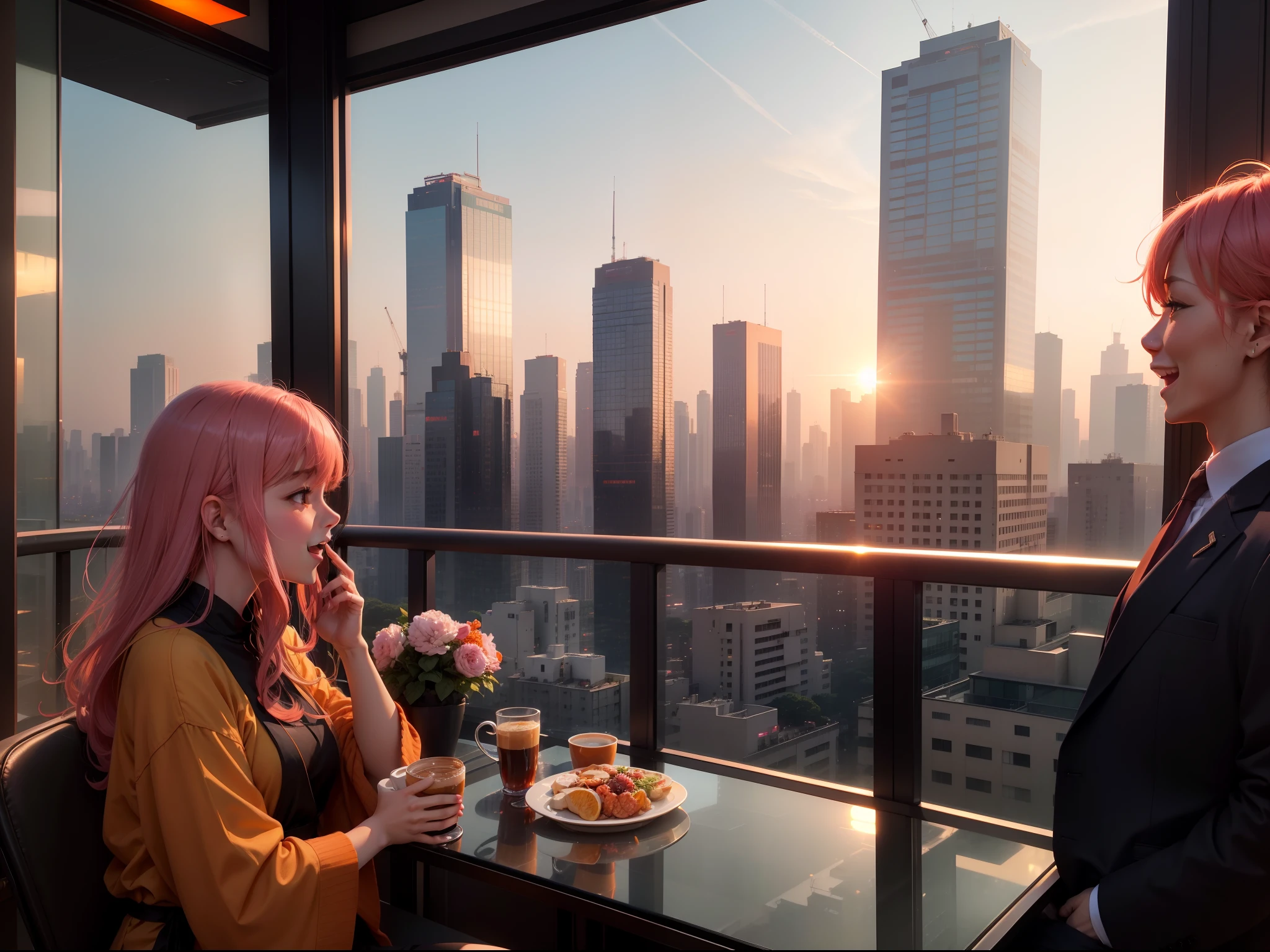 at the sunset, 城市, Skyscrapers, a person々Flow of, Building windows, Warm light, Walkway, a person々, cafe terrace, Friends, Laughing, Skysky, an orange, pink there, tints, Urban hustle and bustle, Beautiful sunset, harmony
