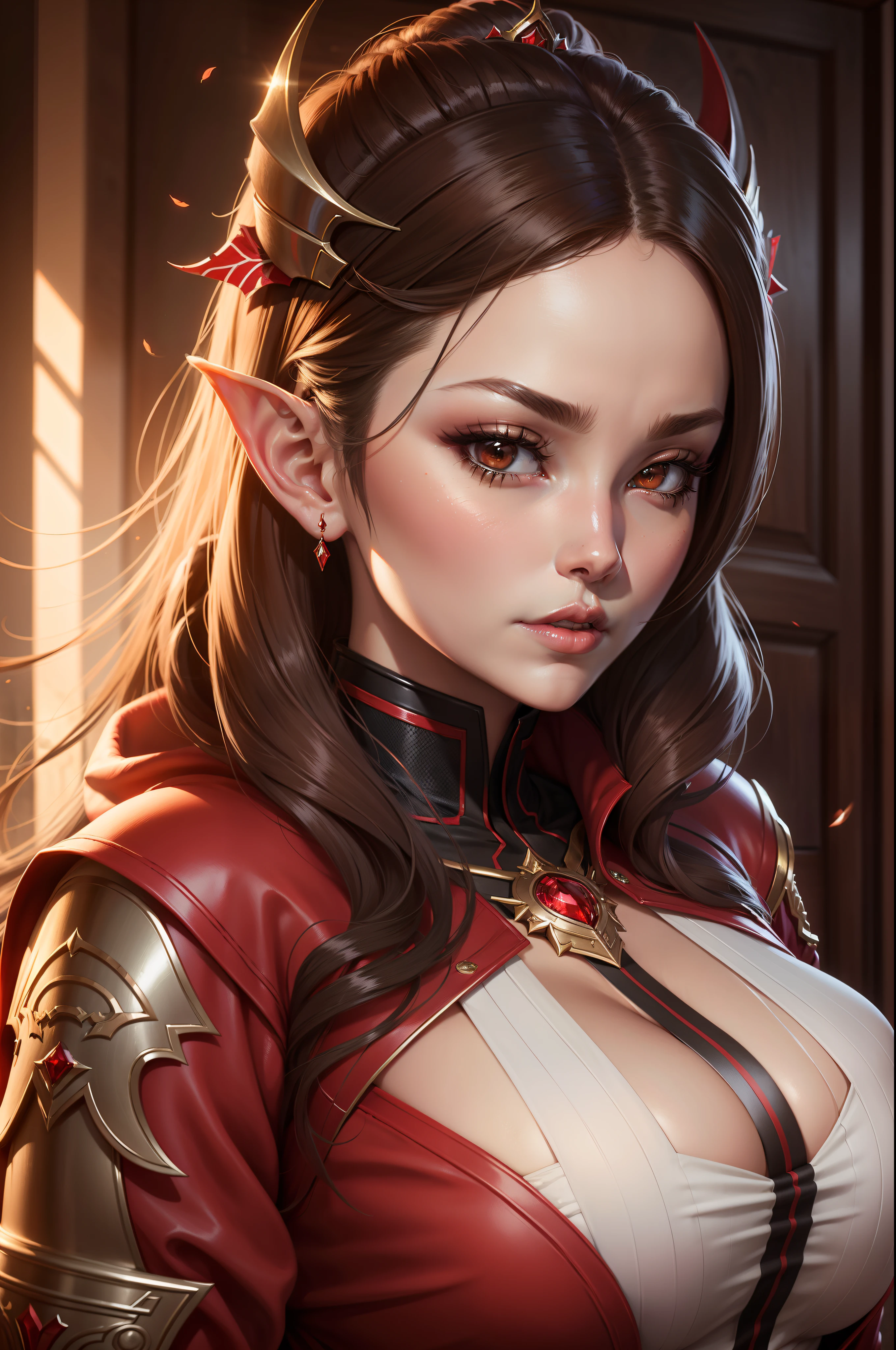 Close up portrait of woman with very big breasts in red jacket, 2. 5 d cgi anime fantasy artwork, portrait of an elf queen, very detailed Artgerm, ArtGerm ; 3d unreal engine, Dark Elf Princess, wlop rossdraws, ig model | ArtGerm, Alexandra Fomina Artstation, a beautiful succubus