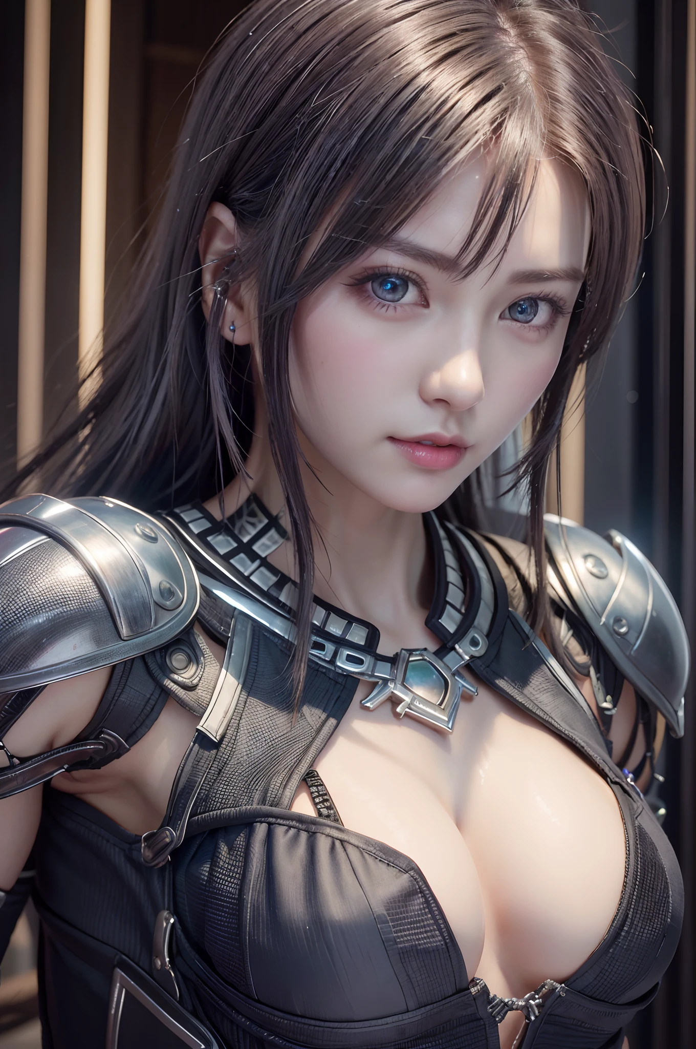 top-quality、8K Masterpiece、超A high resolution、(Photorealsitic:1.3)、Raw photo、1人、silver white hair、glowy skin、1 Cyberpunk Super Beautiful Soldier、((super realistic details))、portlate、globalillumination、Shadow、octan render、8K、ultrasharp、beauty breast、Raw skin is exposed in cleavage、metals、cold color、、highly intricate detail、Realistic light、CGSoation Trends、Beautiful eyes、radiant eyes、Facing the camera、neon details、