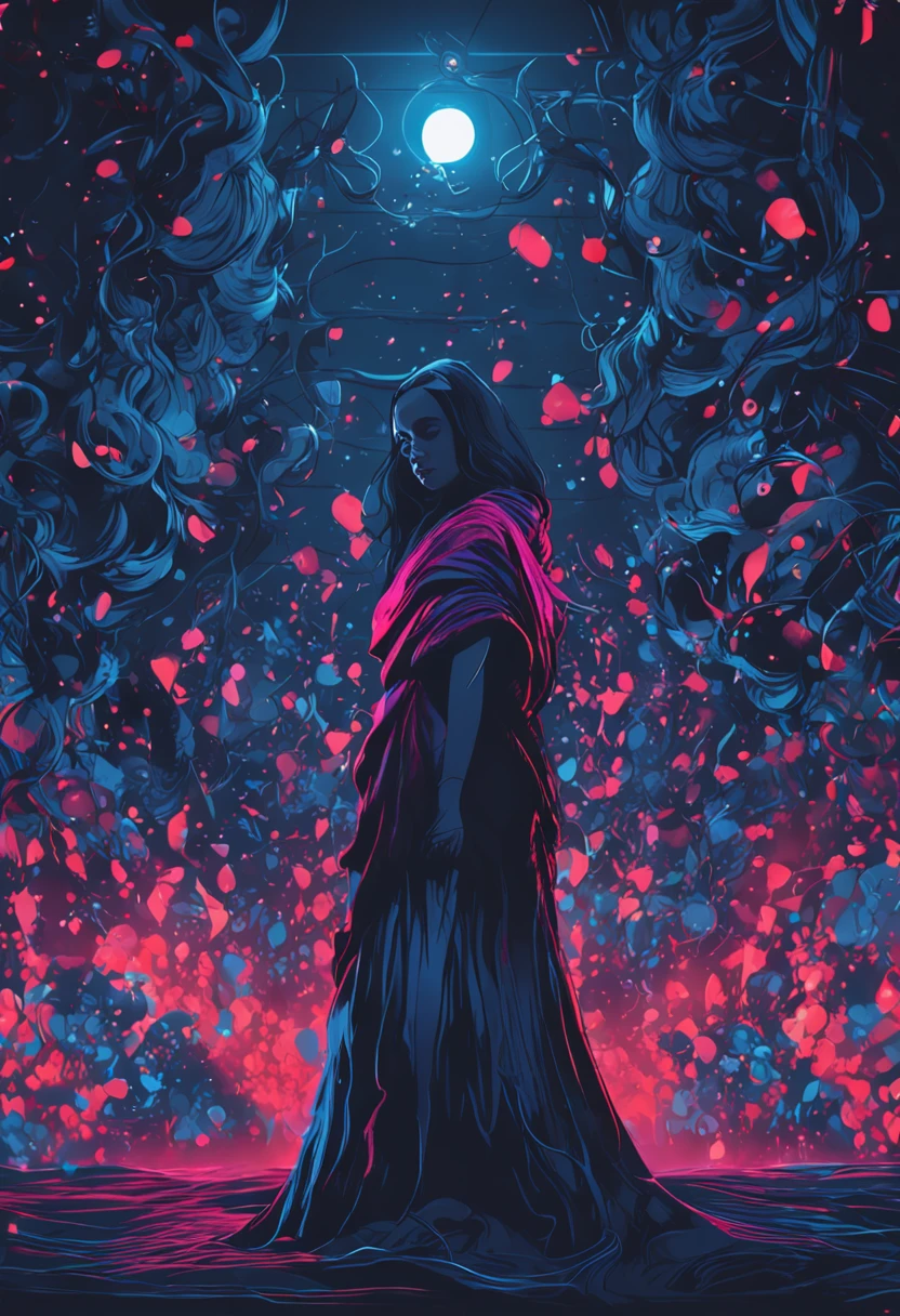 a girl with a long dark blue color frock in dark background with blue color neon lights