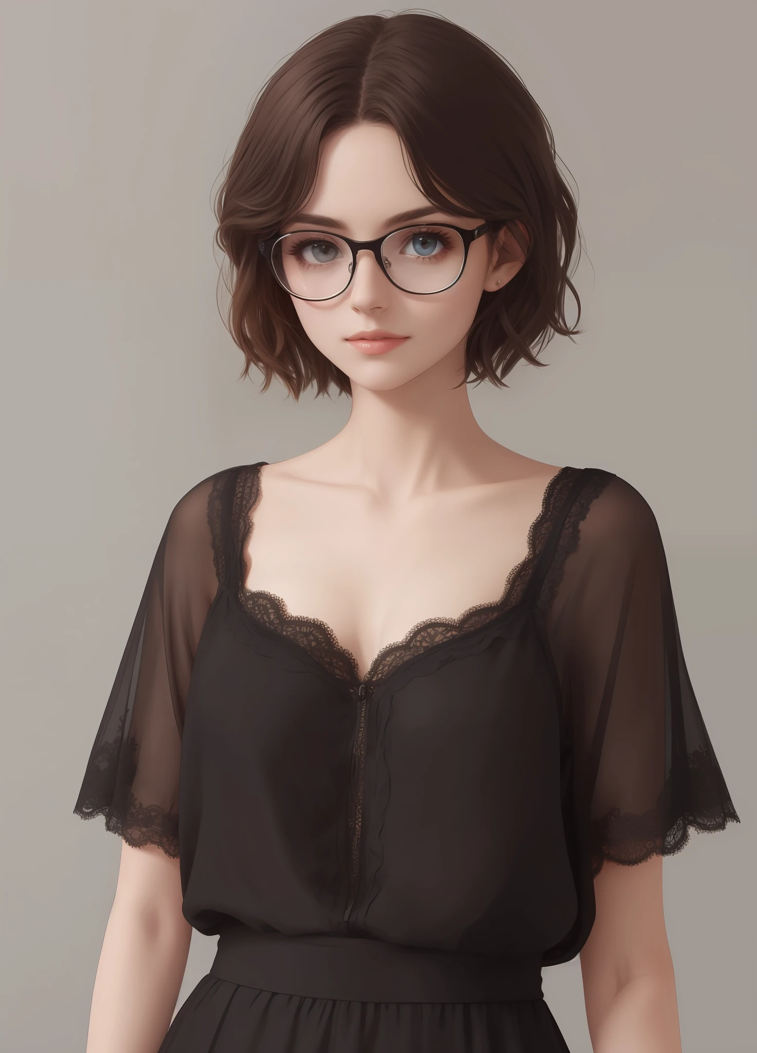 short detailed hair，a beauty girl，black-frame glasses，adolable