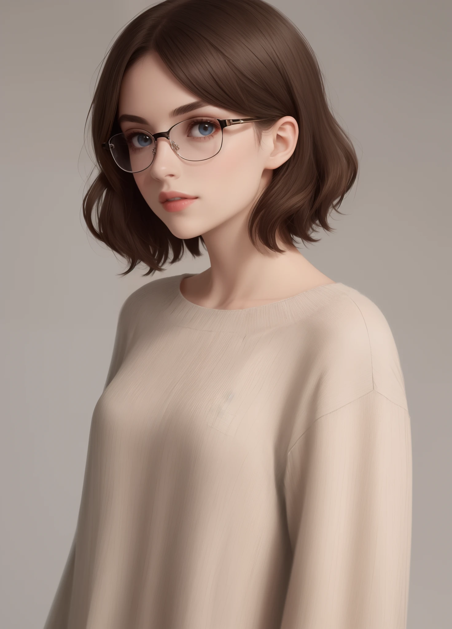 short detailed hair，a beauty girl，black-frame glasses，adolable