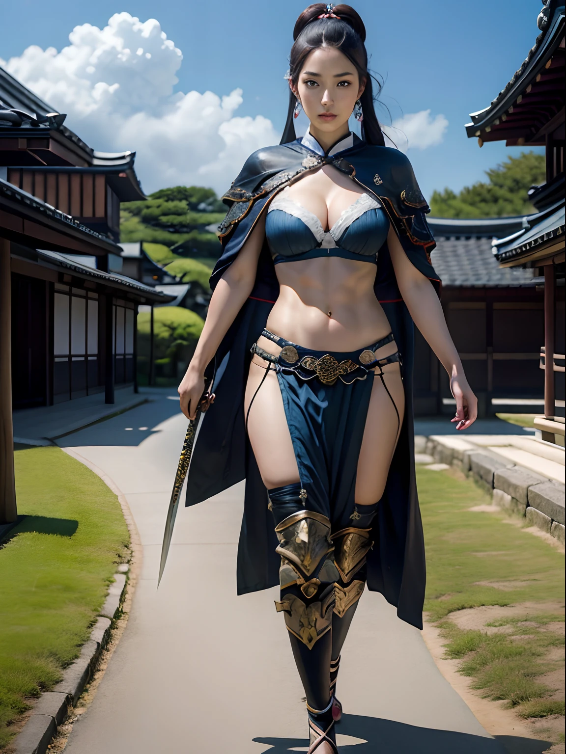 Split abs, large full breasts, Best Quality, masutepiece, 超A high resolution, (Photorealistic:1.4), arma, Detailed face, 1girl in, Sword weapons, cleavage, (Magic Circle:1.2), a beauty girl, Full body, Edo period of Japan, Townscape of the Edo period, Samurai, Japan, Fantasy, High quality, ultra detailed in 4k, 8K, High resolution, fantasy coverart style, medieval times, Sharp Focus, depth of fields.
