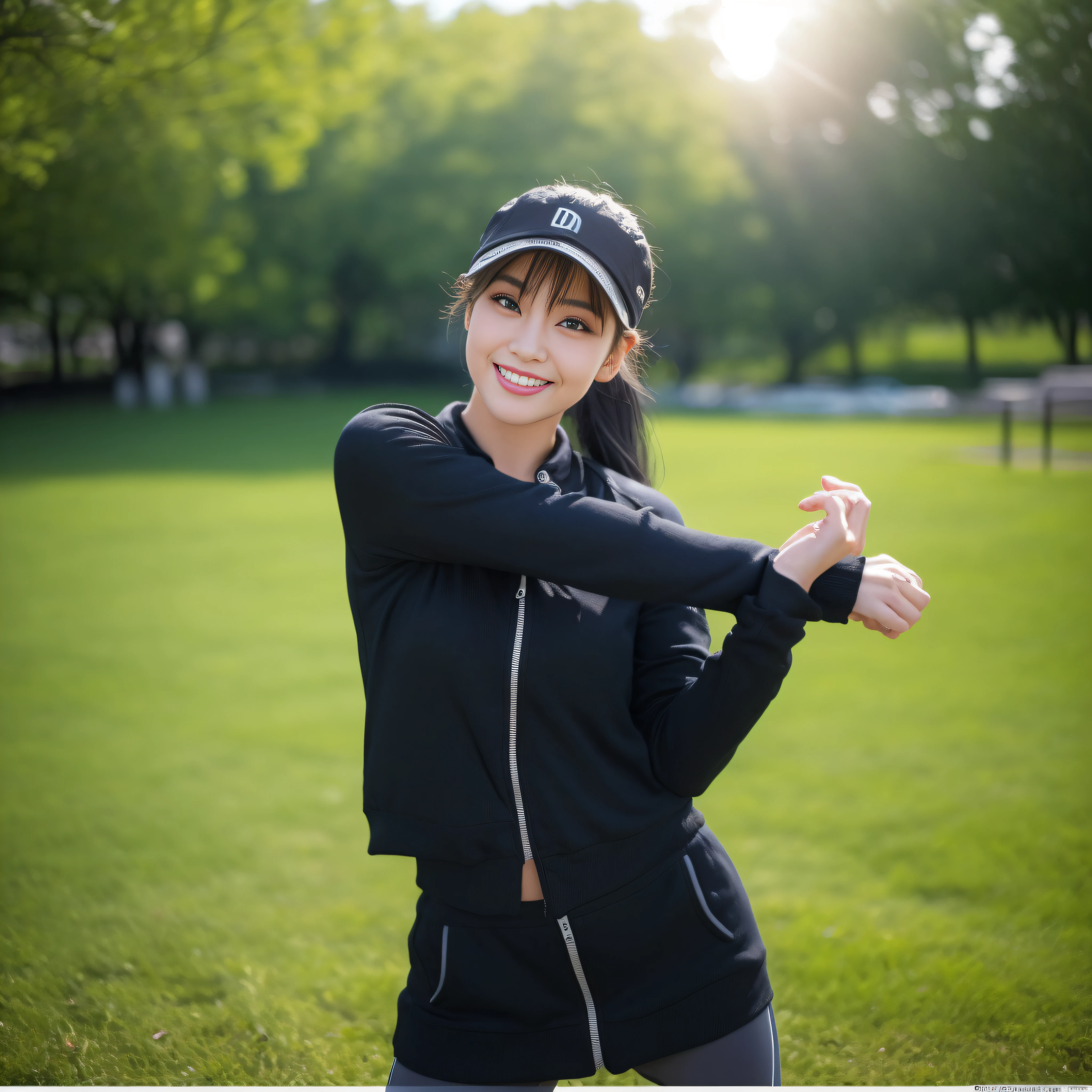 (Masterpiece:1.3)、(8k、Photo Realistic、RAW Photography、top-quality: 1.4)、super definition、anatomically correct、Textured skin、((((1girl、solo))))、((Shooting for one person only))、beautiful countenance、(realistic face)、(((Korean model(A dark-haired、Center division、Long:1.3))))、Chinese models(A dark-haired、Center division、Long:1.3)、More Korean than Chinese、realistic eyes、real looking skin、Beautiful details、Beautiful skins、shy smile、super high resolution、(hyper-realistic)、anatomically correct、Textured skin、Sharp jawline、perfect proportions 、((plump bust))、Necklace, ((woman in fitness clothes and a cap)), wearing a cap, wearing fitness clothes ,fitness body, with cap, wearing fitness gear, fitness wear is a little wet with sweat,, looking at viewer, (((cowboy shot))) , ((no hat:1.3)),(((ponytail))), the background is the park, in Yoyogi park, running, morning sunshine, natural light, ,Top and bottom separate wear,stretching on the grass