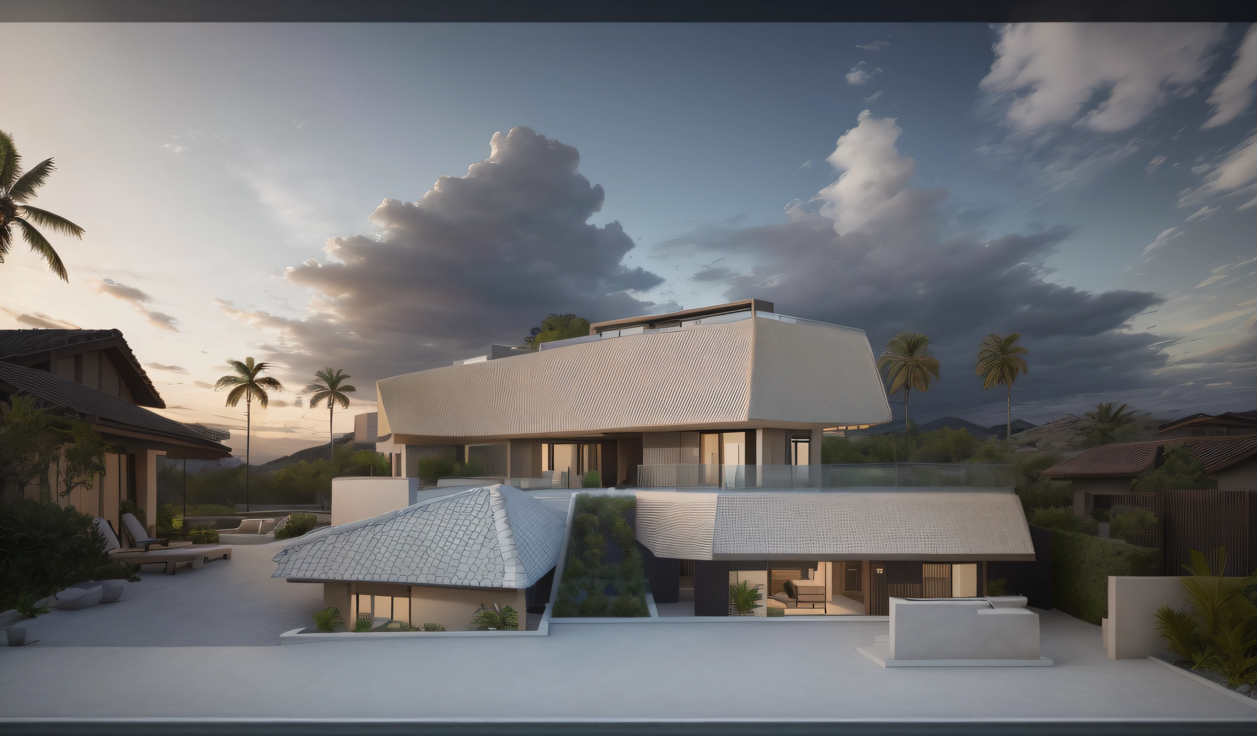 daytime, clear sky, award winning exterior design of modern villa, archdaily, front, architecture, travertine stone and glass wall, glass railing, daytime tropical beach environment, photo of a house, architecture, beautiful, masterpiece, best quality, super detailed, realistic, photorealistic, 8k, sharp focus, ultra detailed, ultra reslistic, horizontal travertine texture stone roof, sand dune in front of building,