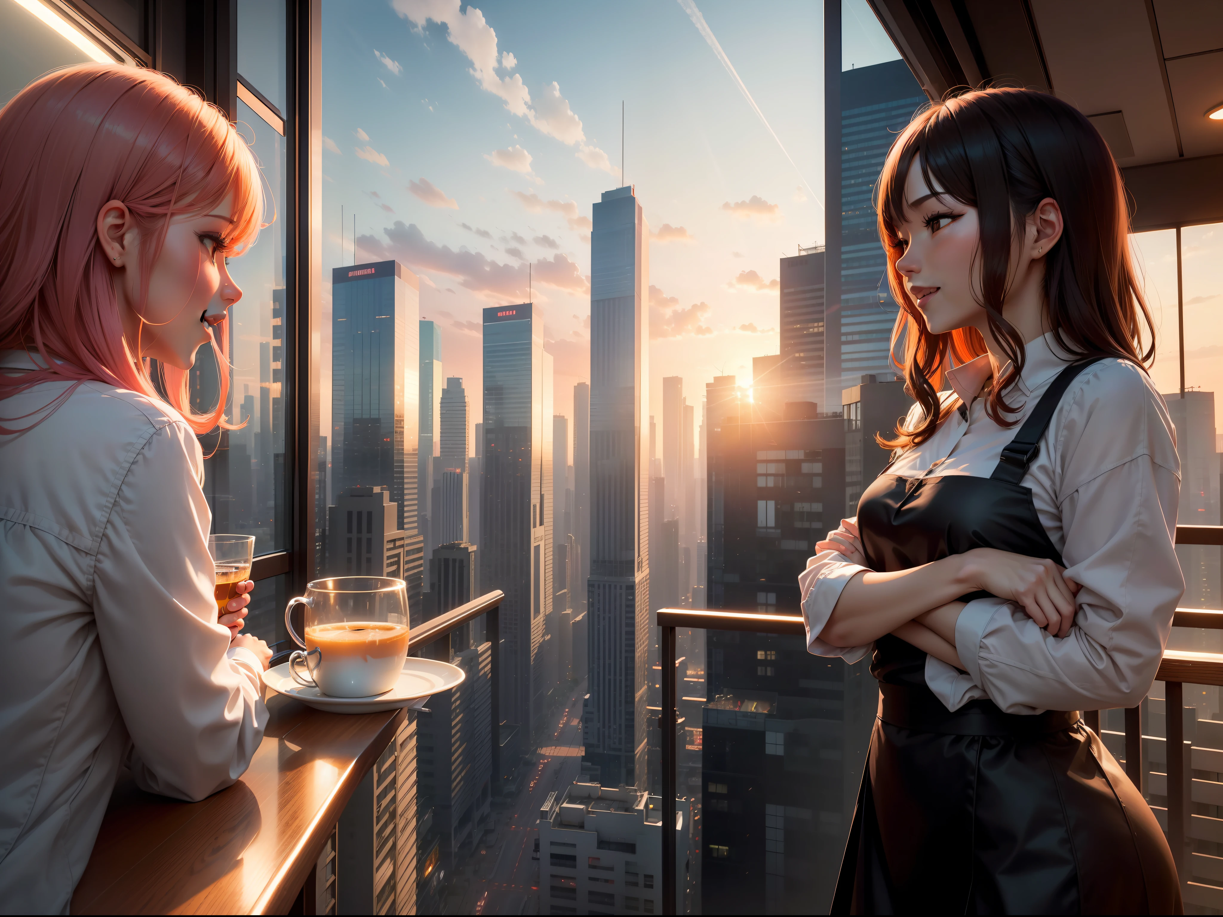 at the sunset, 城市, Skyscrapers, a person々Flow of, Building windows, Warm light, Walkway, a person々, cafe terrace, Friends, Laughing, Skysky, an orange, pink there, tints, Urban hustle and bustle, Beautiful sunset, harmony