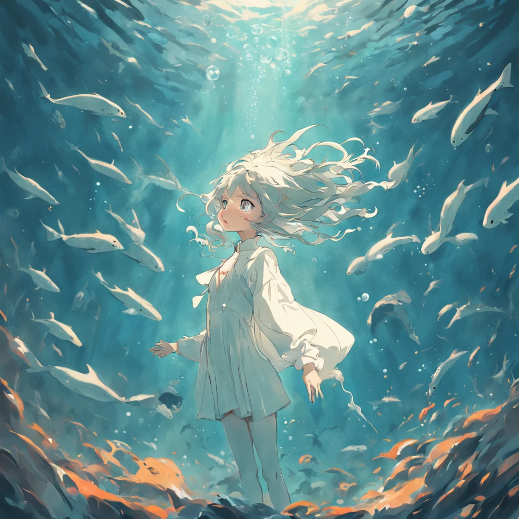illustration:r immersed in the bottom of the sea swims with whales dressed in white,There are bubbles slowly rising around,Sunlight enters the water obliquely。