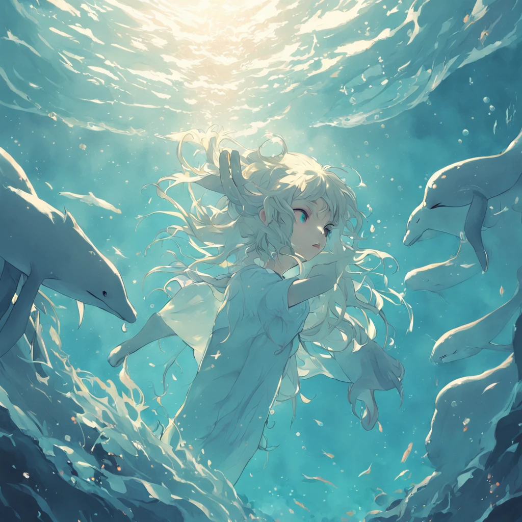 illustration:Teenager immersed in the bottom of the sea swims with whales dressed in white,There are bubbles slowly rising around,Sunlight enters the water obliquely。