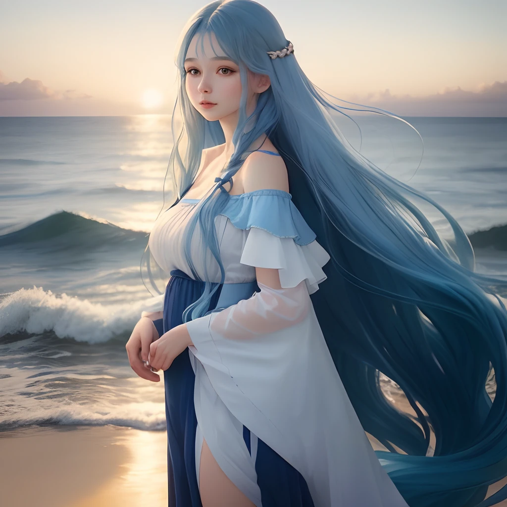 blue hair background sea long hair beautiful woman