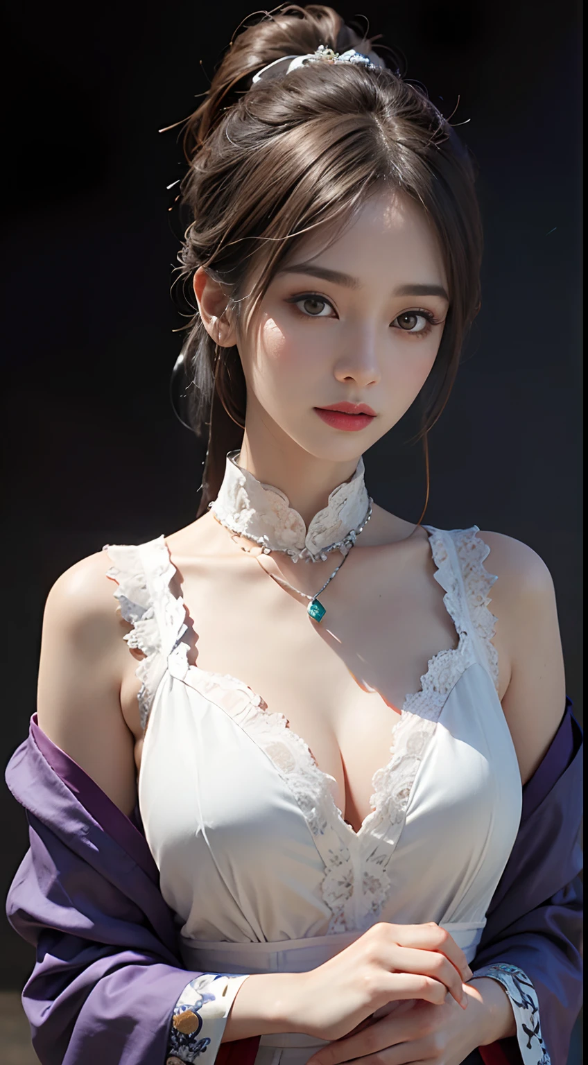 1 beautiful girl in Han costume, thin purple silk shirt with white color with many textures, white lace top, long platinum purple ponytail, Hair Jewelry, ear jewelry, necklace and necklace, meticulously drawn large purple eyes, meticulous makeup, Thin eyebrows, High Nose, lovely red lips, not smiling, pursed lips, rosy cheeks, wide breasts, Big breasts , well-proportioned bust, Slim waist, purple mesh socks, chinese hanfu style, fictitious art textures, vivid and realistic colors, RAW Photos, Realistic Photos, ultra high quality 8k surreal photos, (effective fantasy light effect: 1.8), 10x pixel, magical effect (Background): 1.8), ultradetailed eyes, girl body portrait, ancient hanfu background,