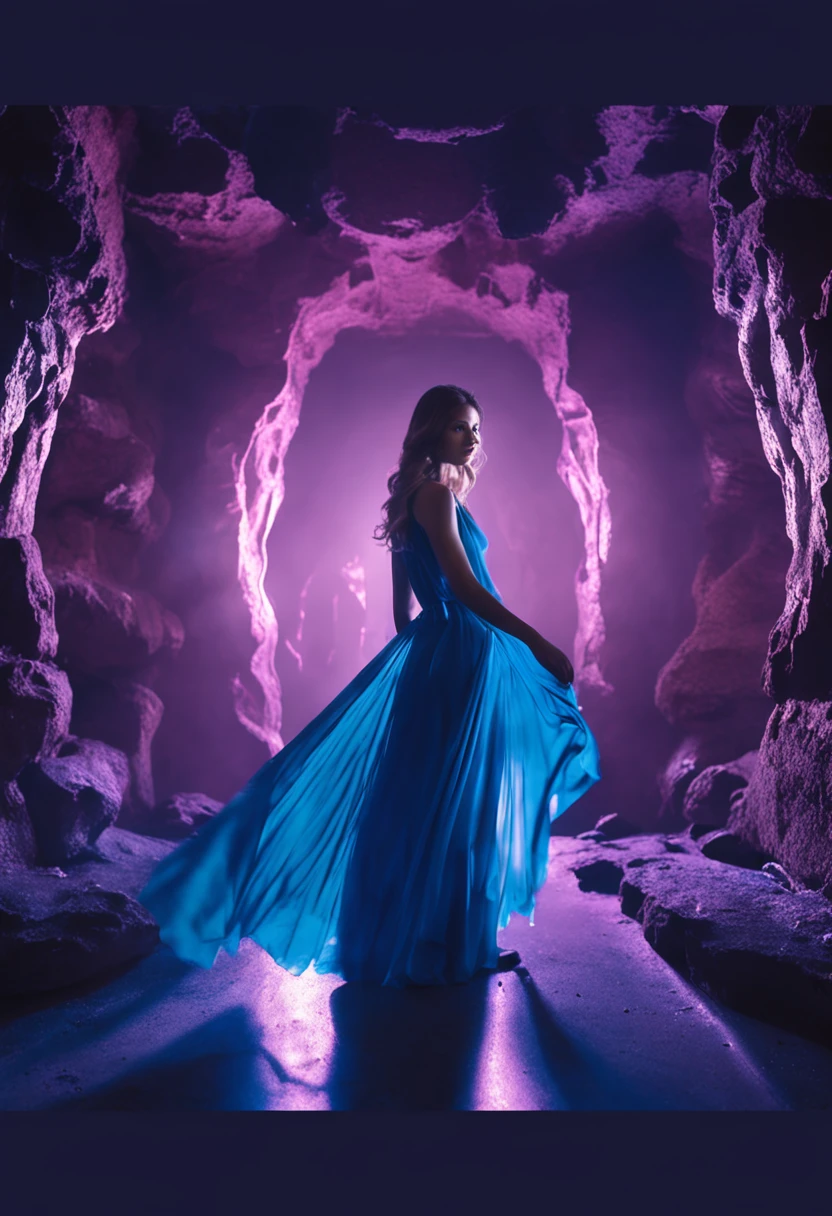 A beautiful girl looks like a princess wearing a dark blue color dress in dark blue crystal cave with blue color neon light