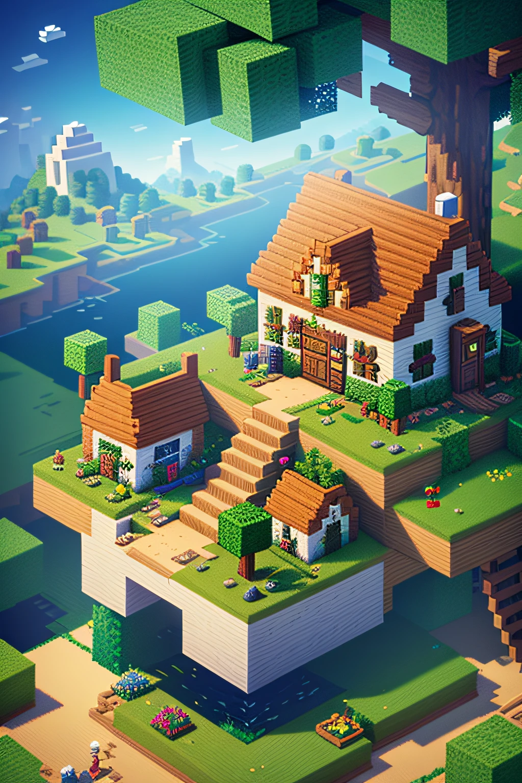 Masterpiece, best quality, high quality, extremely detailed CG unity 8k wallpaper, pixelart minecraft-inspired village, cute, pixel, multiple houses, tree in the middle of village, gigantic tree