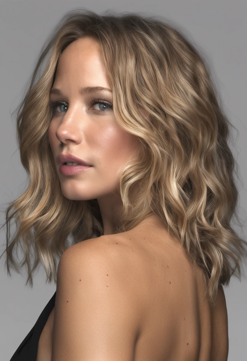 portrait of naked Jennifer Lawrence, (oiled shiny skin:1.0), (subtle profile angle:1.0), (8k uhd:1.0), (best quality:1.0), (masterpiece:1.0), (sharp focus:1.0), (simple-grey-backdrop:1.1), tongue out, ahegao, drool