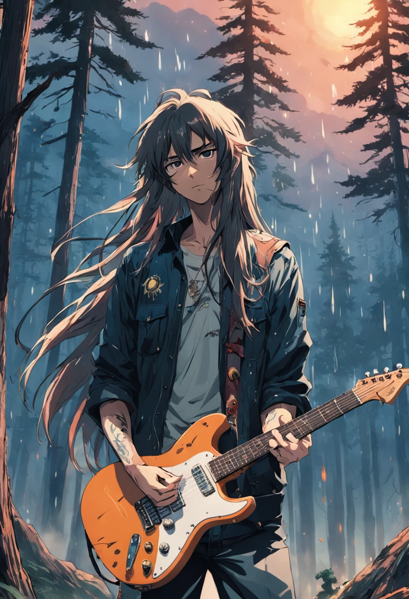 guitarist, long hair, rain, pine trees, NOON, SUN, pack of cigarettes, grunge, rock, heavy metal,