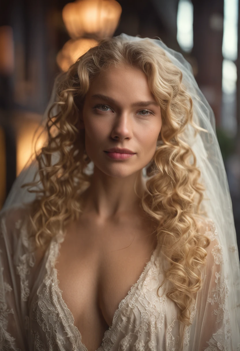 "Young blonde woman with curly blonde hair, Detailed model, robe de mariage, face detailed, brumeux, 135mm, f/2.8, 4k, Urban background, volumeric lighting, photographie artistique."