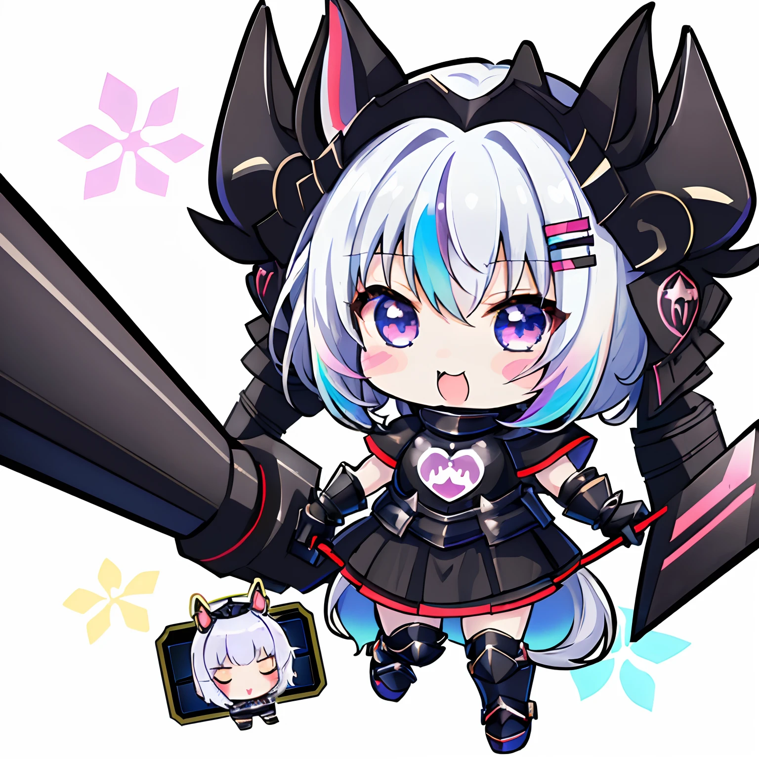 master piece, best quality, ultra-detailed, illustration, midnight, battlefield, gloomy atmosphere, broken castle, broken walls, ruins, purple flames, purple moon, 1girl, solo, chibi, (big head), cute pose, front view, looking at viewer, ((full body Close up)), chubby, fat, filian, filianoverall, Filiansailor, ((white hair)) , short hair, shoulder length hair, fly-away hair, bangs, hairclip, purple hair ornament, cat ears, (hair bell:1.3) ahoge, purple eyes, open mouth, smiling, (white fluffy fox tail), mecha wings, (black tattered robe), long gown, black arm sleeves, black gloves, black stockings, black boots