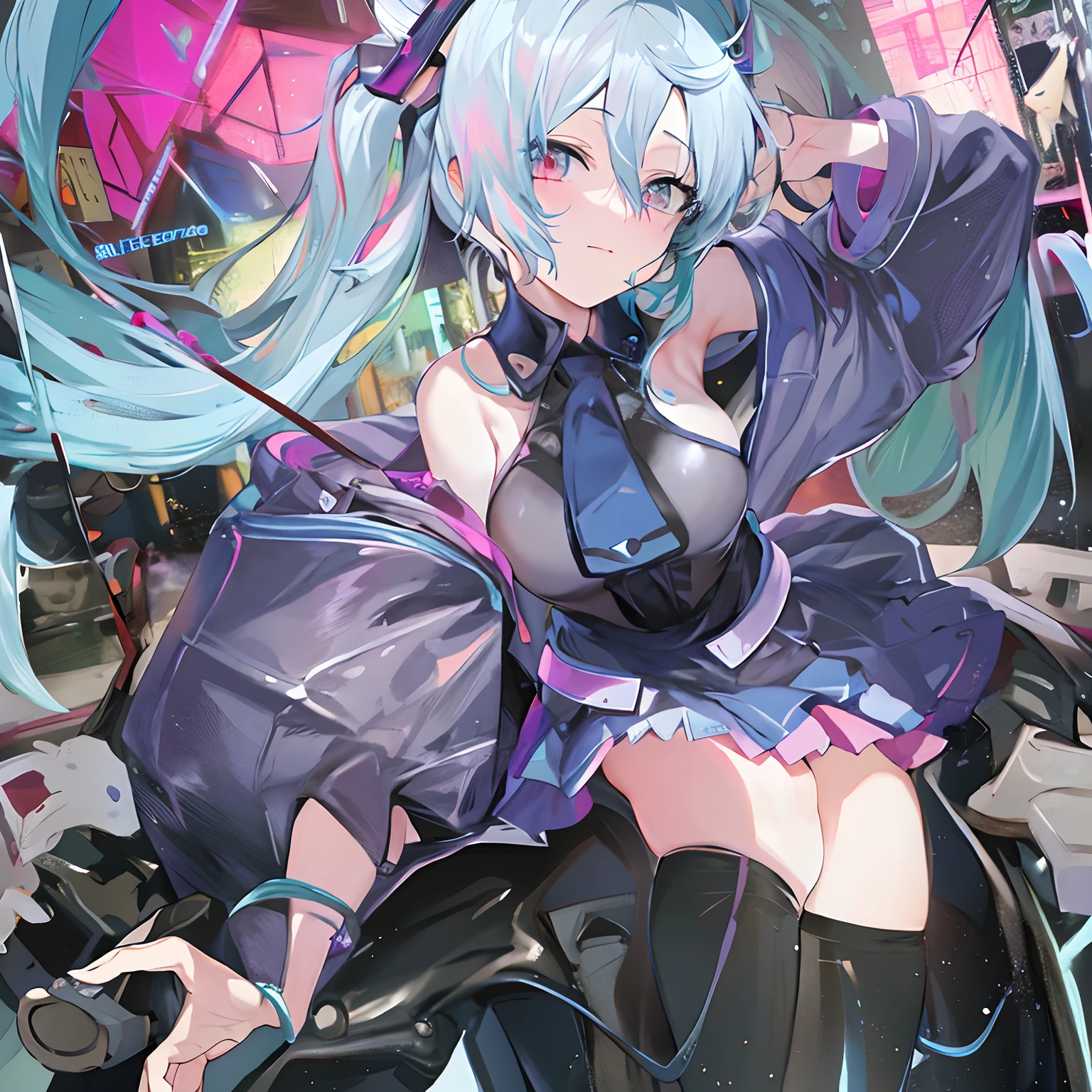 Anime girl with blue hair and black dress sitting on motorcycle, best anime 4k konachan wallpaper, nightcore, anime style 4 k, Cyberpunk anime girl mecha, Cyberpunk Anime Girl, anime cyberpunk art, Digital Cyberpunk Anime Art, Pixiv Contest Winner, digital cyberpunk - anime art, anime moe art style, Hatsune Miku, by Shitao Draw a non-black outline The contour line is thin There are so many contour lines Fume Dancers Dancer's joints the body is soft Twist your hips wide with round face Red cheeks Hair color is light blue less saturated Pink background Background red Shake your hair narrow shoulders The skeleton is delicate Thin thighs Clothes in which the skin of the abdomen is visible