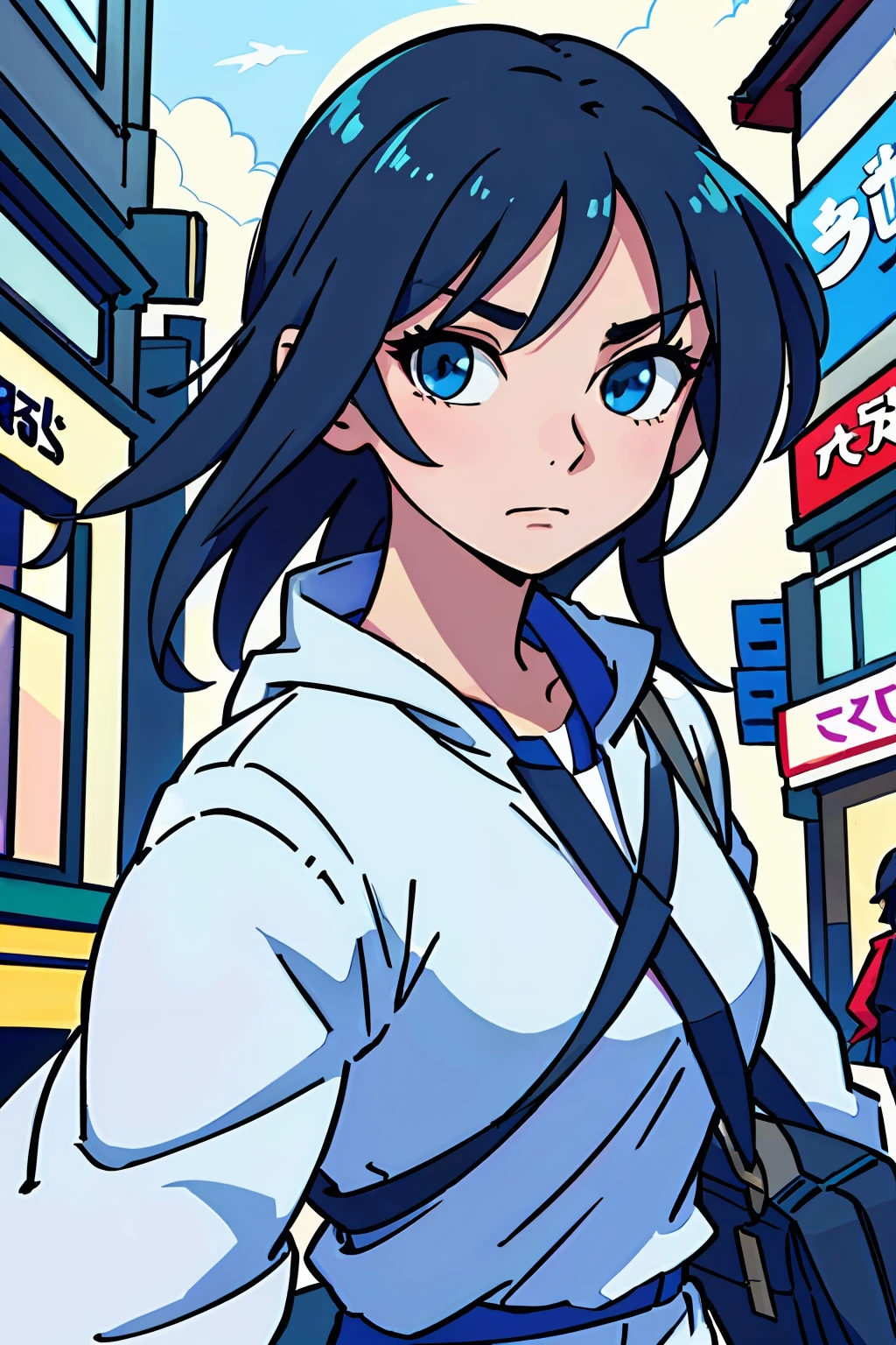 (best qualityer:0.8), (best qualityer:0.8), Perfect anime illustration,Extremely close-up of beautiful women passing through the city,low-saturation