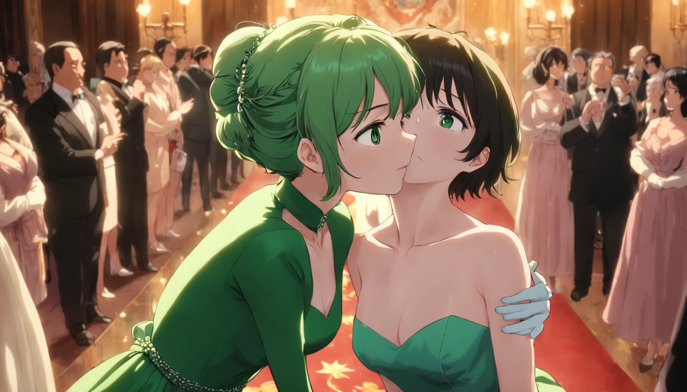 Green Pearl Necklace, Satin green long gloves, lipsticks, Shorthair, satin, Green dress, bride, the kiss, a smile