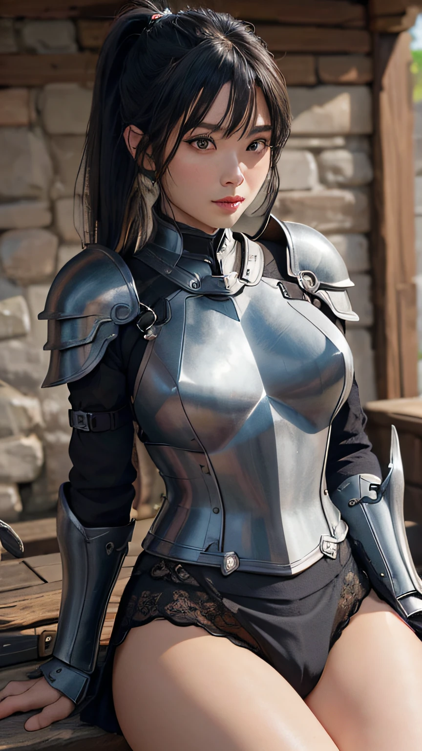 super low angle、((Black Steel Armor))、Female goblin in leather armor and backpack in dungeon, Beautiful, facing front, Halfling proportions, Perfect, clean line drawings、(poneyTail)、masterpiece, top-quality, hightquality, hight resolution、Raw foto、hyperdetailed photo、(natural skin textures、Detailed skin、Hyper-Realism、ultra sharpness)、ighly detailed、detailed skin textures、Black Steel Armor、(poneyTail)、((Dress your whole body in black armor))、(beautiful countenance、Extraordinary beauty)、((One hand on the head))、(Show thighs)、((There is a gap in the thigh))、((Sit on a block and open your legs wide))、(((Show panties)))、(view from front)、((super low angle))