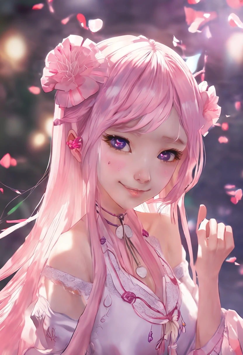 1girl, (ulzzang-6500:0.7), kpop idol, yae miko,pink hair, long hair,best quality, (painting:1.5), (hair ornament:1.35), jewelry, purple eyes, cherry blossoms, lantern light, depth of field, detailed face, face focus, ribbon_trim, (looking at viewer:1.25), nontraditional miko, shiny skin, long sleeves, smile, thick lips, game cg, (blurry background:1.2), sitting, upper body