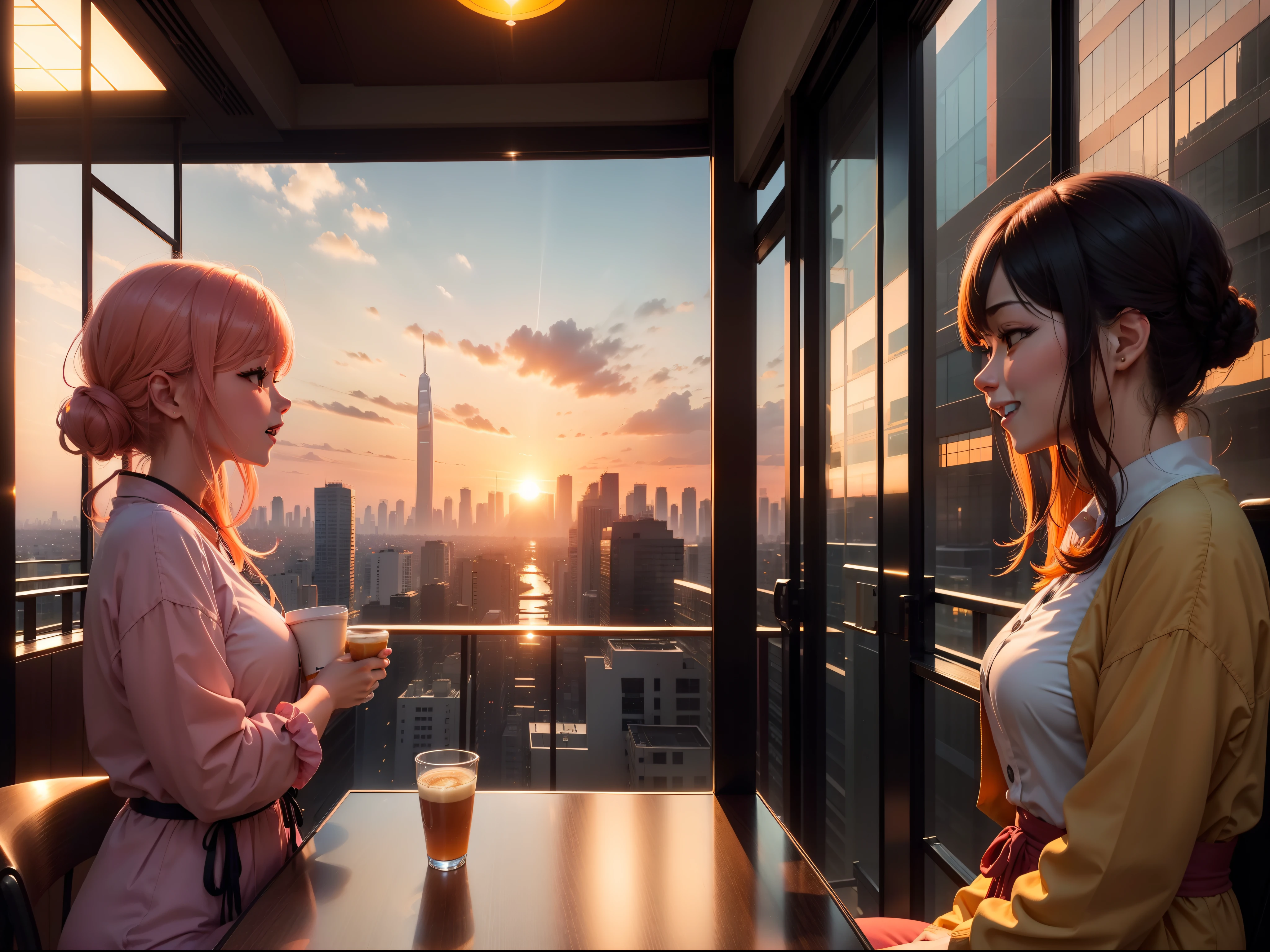 at the sunset, 城市, Skyscrapers, a person々Flow of, Building windows, Warm light, Walkway, a person々, cafe terrace, Friends, Laughing, Skysky, an orange, pink there, tints, Urban hustle and bustle, Beautiful sunset, harmony