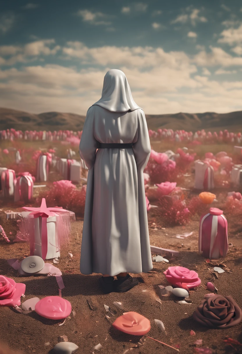 Nun statues are around a baby, in an empty field, smoke and candy are on the ground high resolution
