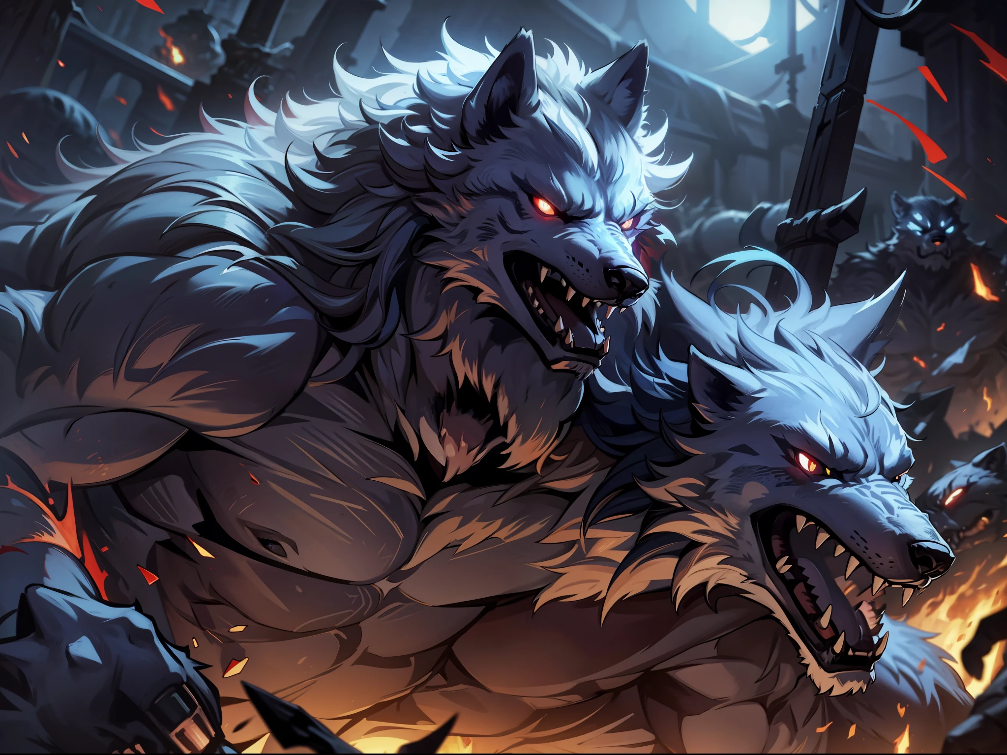 Werewolf fighting，red colour，brightly，European and American illustrations，8K，the detail