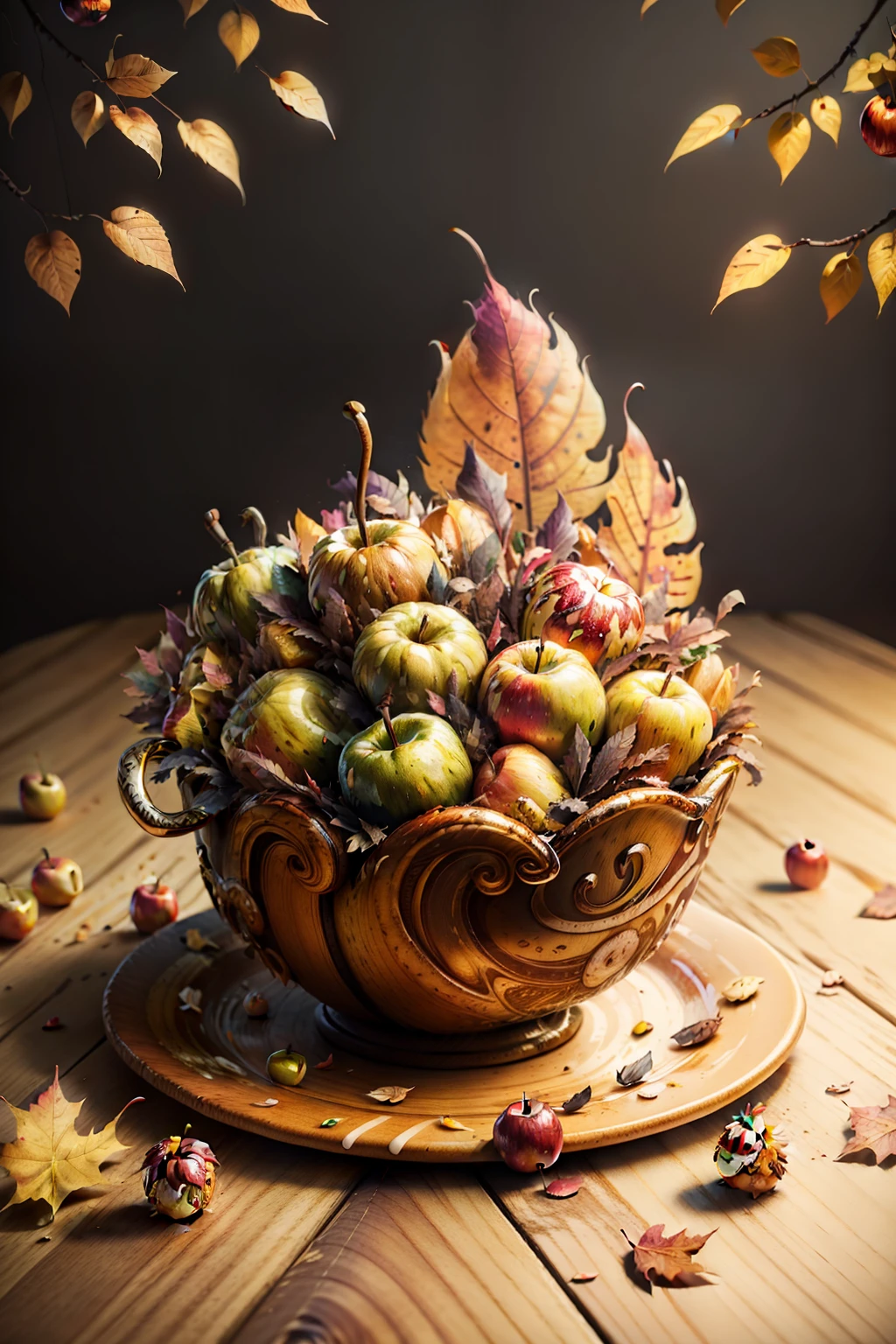 3D illustration, Fried in a plate on a table among apples, cute front cover with a cute cartoon cheerful colorful turkey with big turkey feathers, luxurious tail feathers, autumn colorful leaves