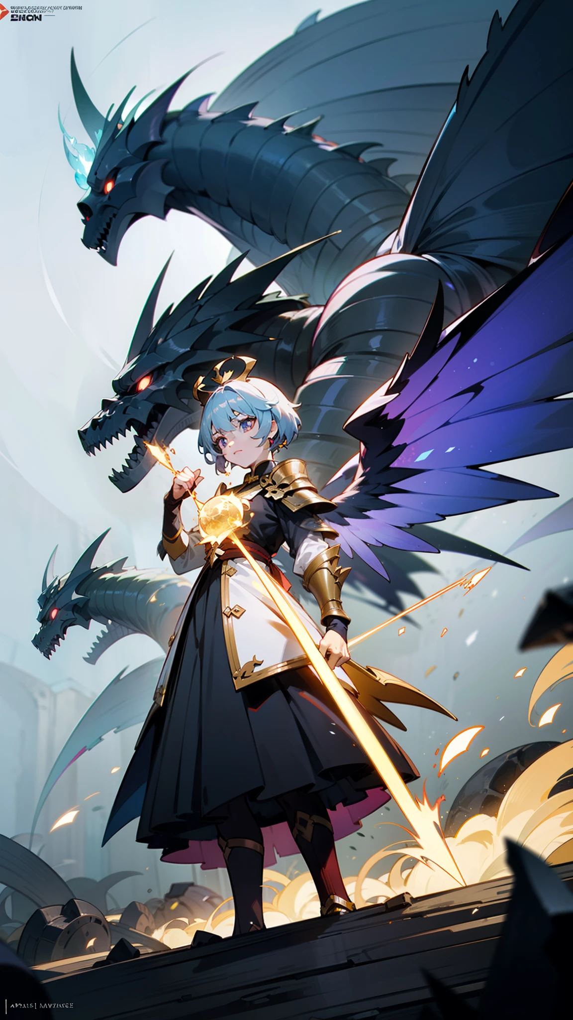 Anime figure，Dark villain，Beauty side face，Long hair flying，（golden headdress），Two teenage girls back to back，（Simple helmet）Spark ashes burn，The samurai held a sword, Wear contrasting armor, The full picture of the witch and witch skeleton,（standing full-body），（（Faraway view）），（HD8K），ultra-wide-angle，The background is gorgeous，the original god, demon anime girl, Angel anime girl，fantasy paladin man, Dragon Knight,Spread your black feathered wings，Mobile Genshin Influence, Anime 8 k, Anime fantasy illustration, Genshin Impact, Tough and cold character, Detailed key anime art, Ayaka Genshin impact, onmyoji portrait，Close-up of shooting random weapons, Comic book epic artwork, Epic fantasy digital art style,Epic fantasy art style, 8K high quality detailed art, Epic fantasy art style HD, Faraway view，Behind him，It is a golden glowing magic array。，Purify the flame，HD anime visuals，full portrait of magical knight，