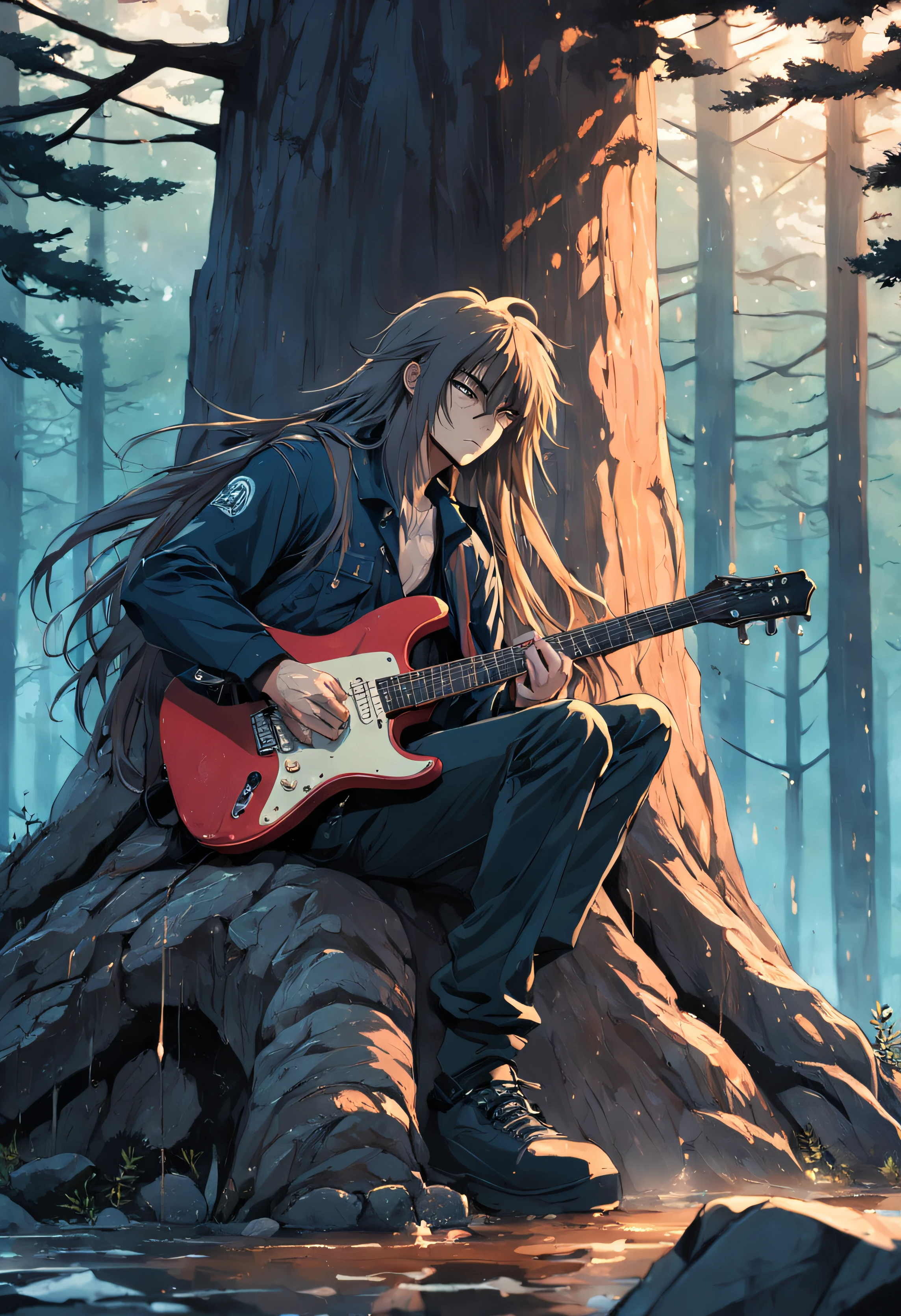 guitarist, long hair, rain, pine trees, NOON, SUN, pack of cigarettes, grunge, rock, heavy metal,