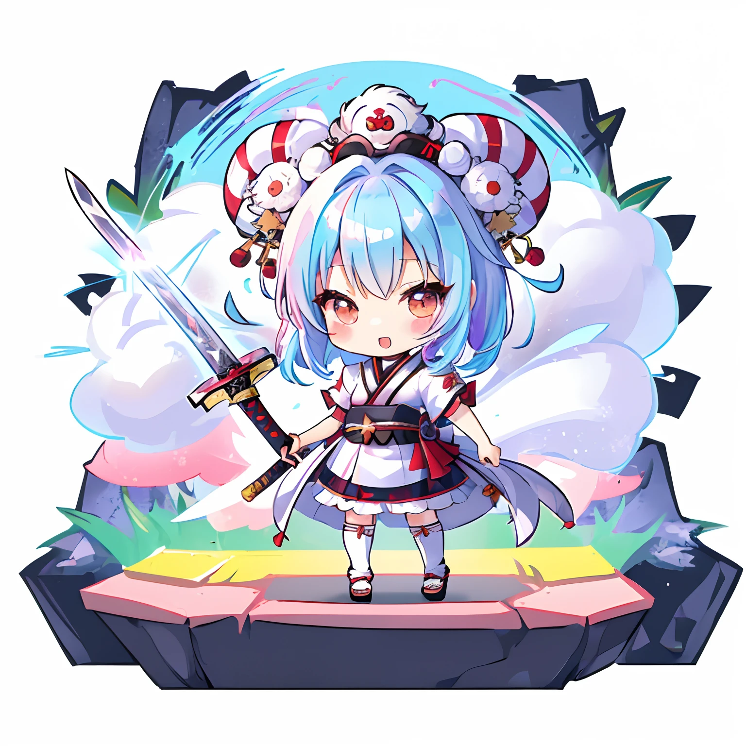 ((Sticker: 1.5))), ((Chibi character)), (white background), Fluffy, Girl, Kensei, Sword Sei, Sword Master Costume, With Holy Sword, Kensei pose, Chibi Chara, Full body, Pastel colored hair, Fairy tale, Fantastic, Rainbow, T-shirt design, Best Masterpiece, Best Quality, 16k,