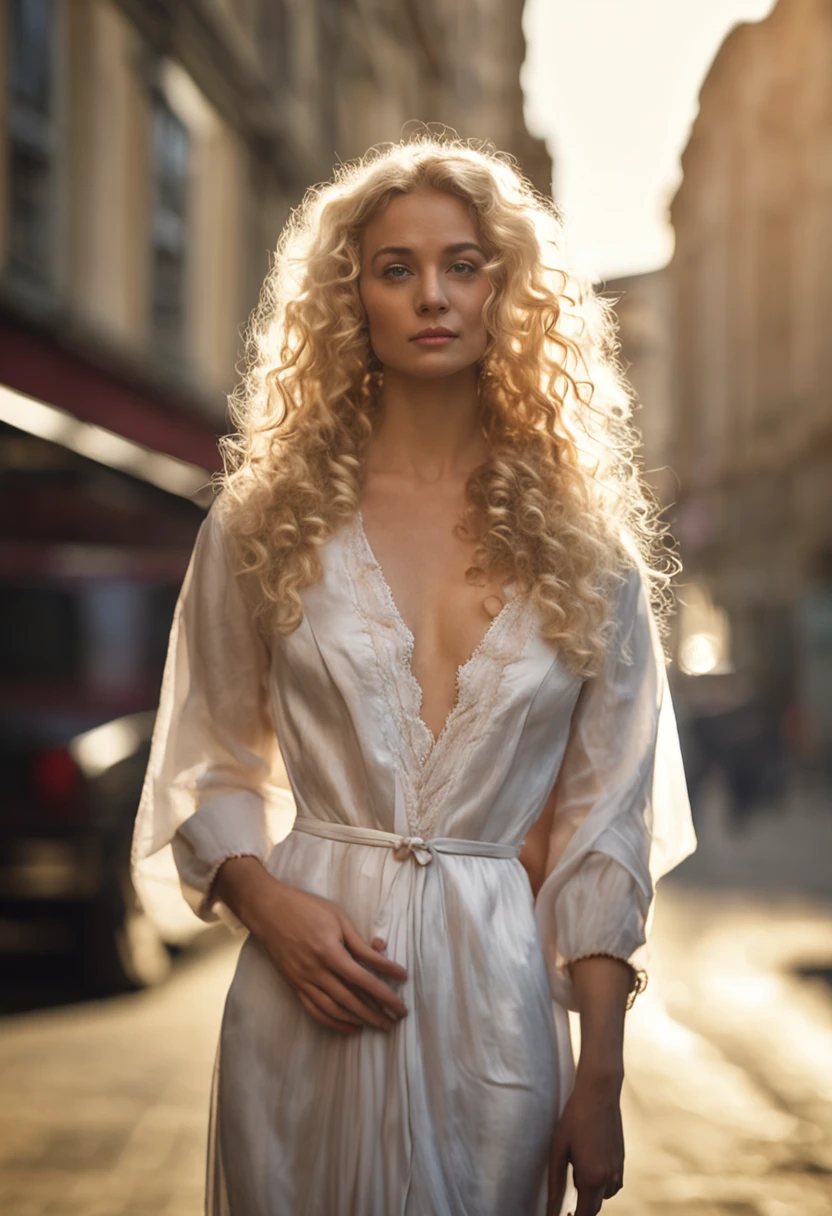 "Young blonde woman with curly blonde hair, Detailed model, robe de mariage, face detailed, brumeux, 300mm, f/2.8, 4k, plan large portrait, Urban background, volumeric lighting, photographie artistique."