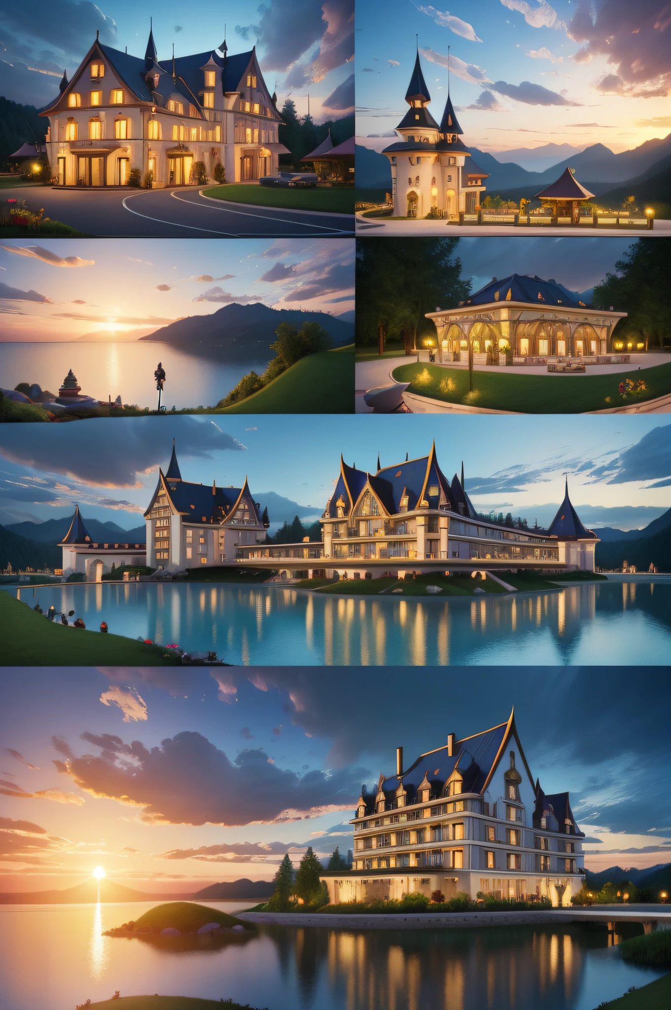 Very fantastic,Fantastic scene,A hotel,Fairytale hotel,Very three-dimensional,Highlight the panoramic view of the hotel,C4D,stylized 3d render, 3 d render beeple, 3d matte illustration, trend on behance 3d art,simplebackground,