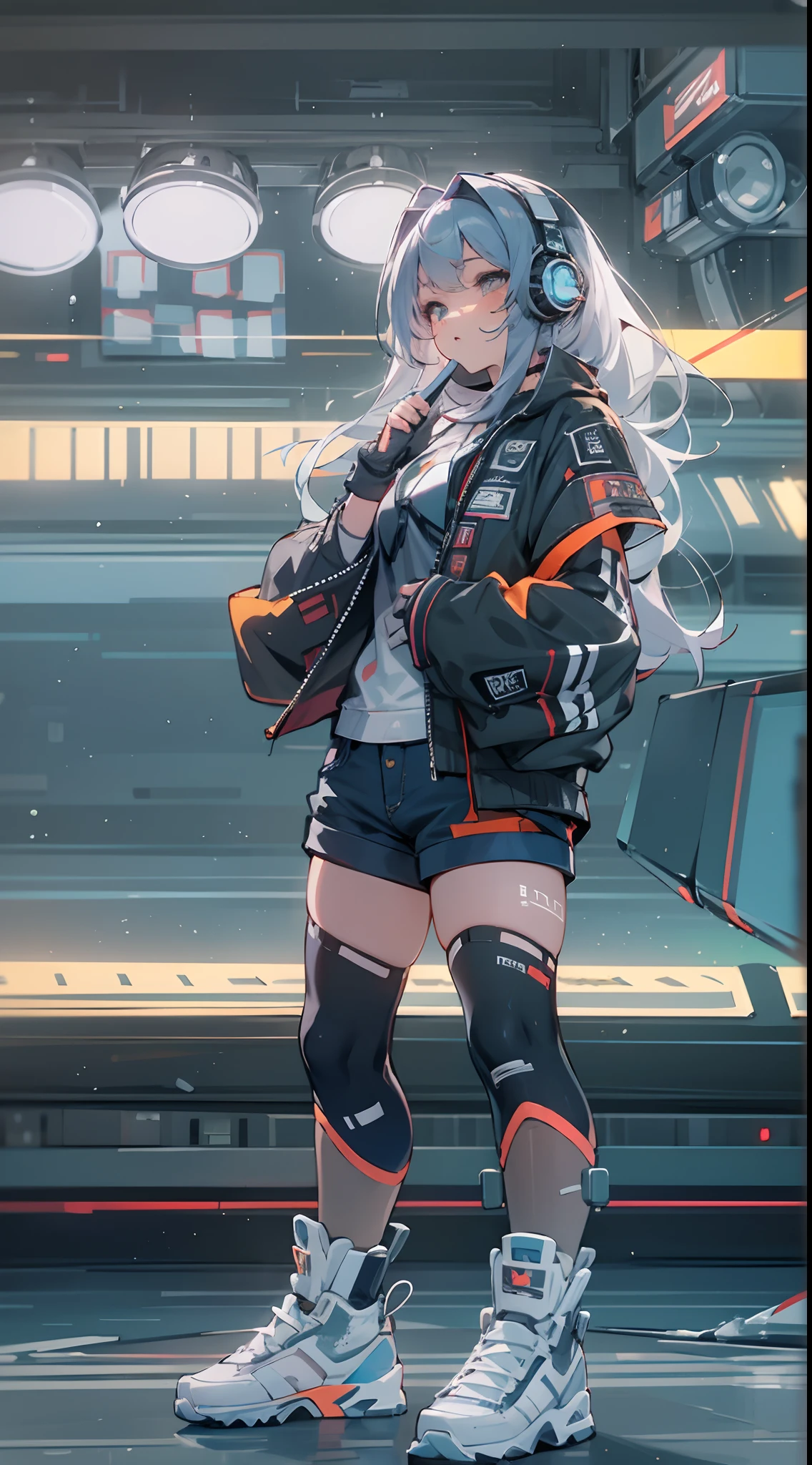 （（best qualtiy））， （（tmasterpiece））， （A detailed：1.4），（（full bodyesbian）），Enhanced dynamic perspective，Beautiful sexy esports girl，夏天，vests，denim short，athletic sneakers，with headphones on，Hold the keyboard，Come to me，Future sci-fi city street，Street photography，Bright colors，dream magical，optic，high qulity，super-fine，Detailed pubic hair，Accurate，Cinematic lighting，OC renderer